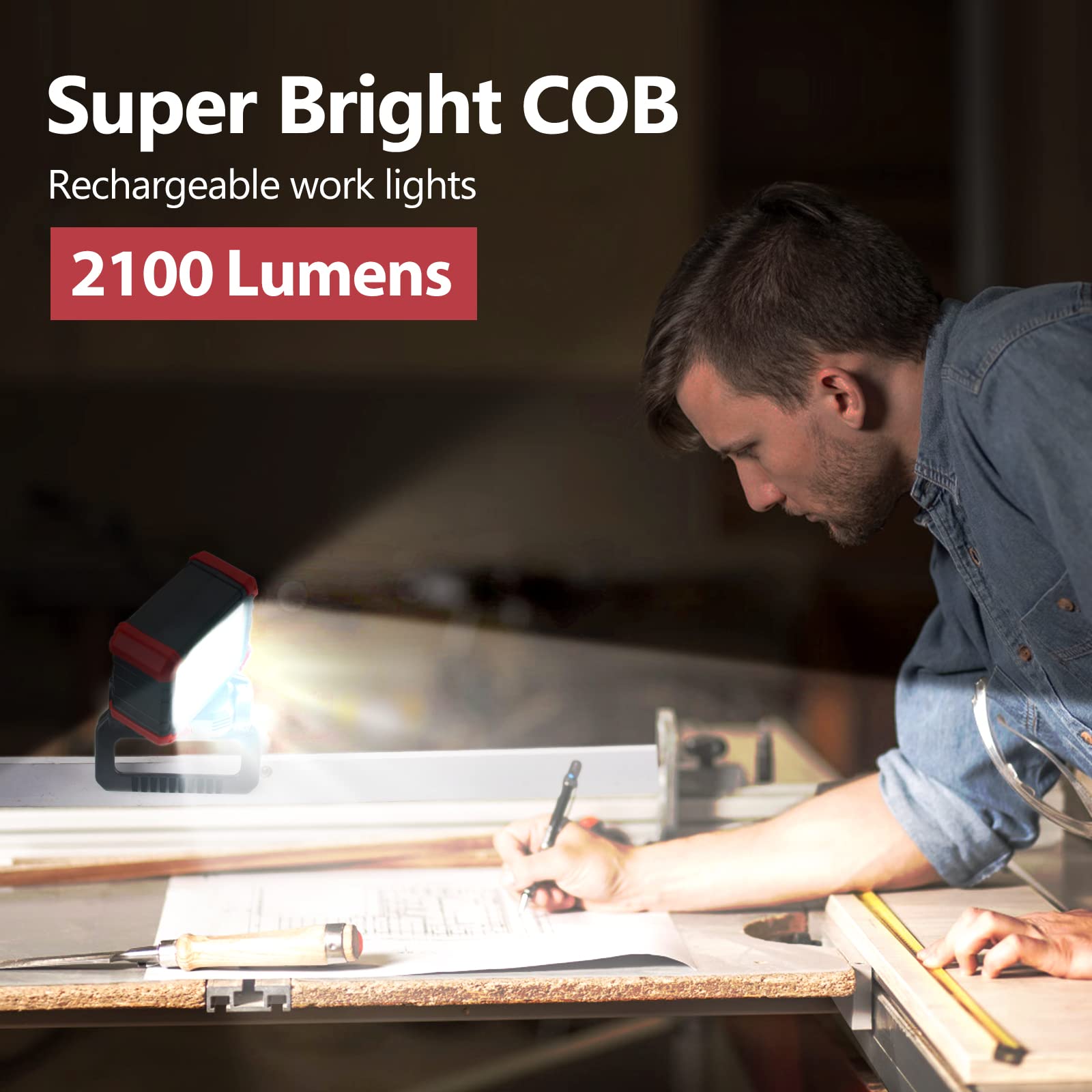 Tresda Led Rechargeable Work Light With Clamp, 2100Lm Super Bright Cob Magnetic Work Light With 3 Light Modes, 270? & 180? Rotat