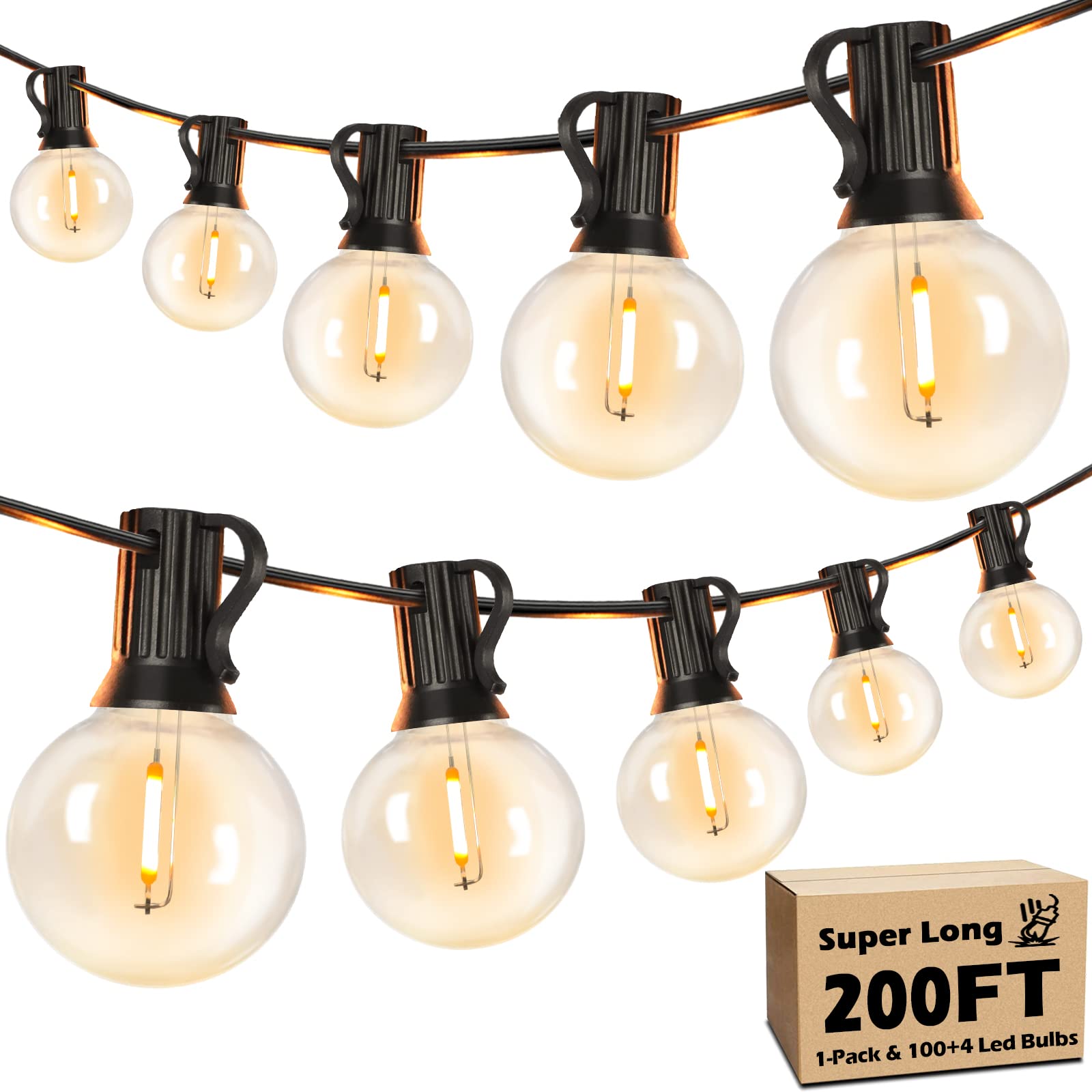 Brightever 200FT Outdoor String Lights, Dimmable LED with 100+4 Shatterproof G40 Globe Bulbs, Model GYPC-O100LAU