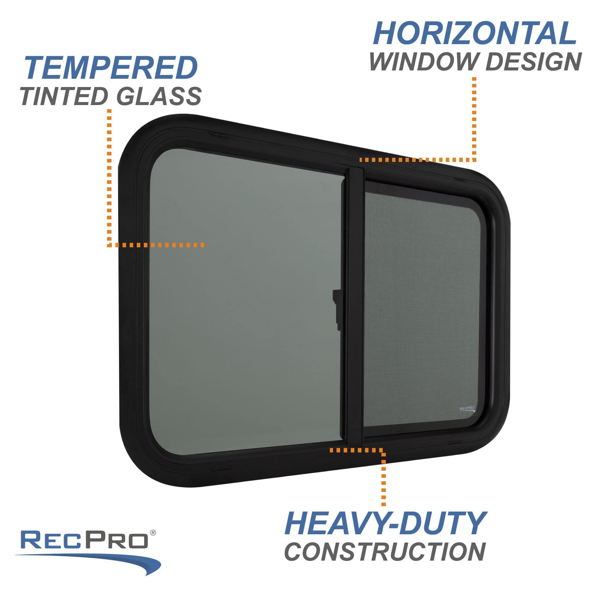 RecPro RV Window Replacement - 30"W x 20"H, Teardrop Style, Horizontal Sliding, Black, Glass, Model RP-WIN, Made in USA