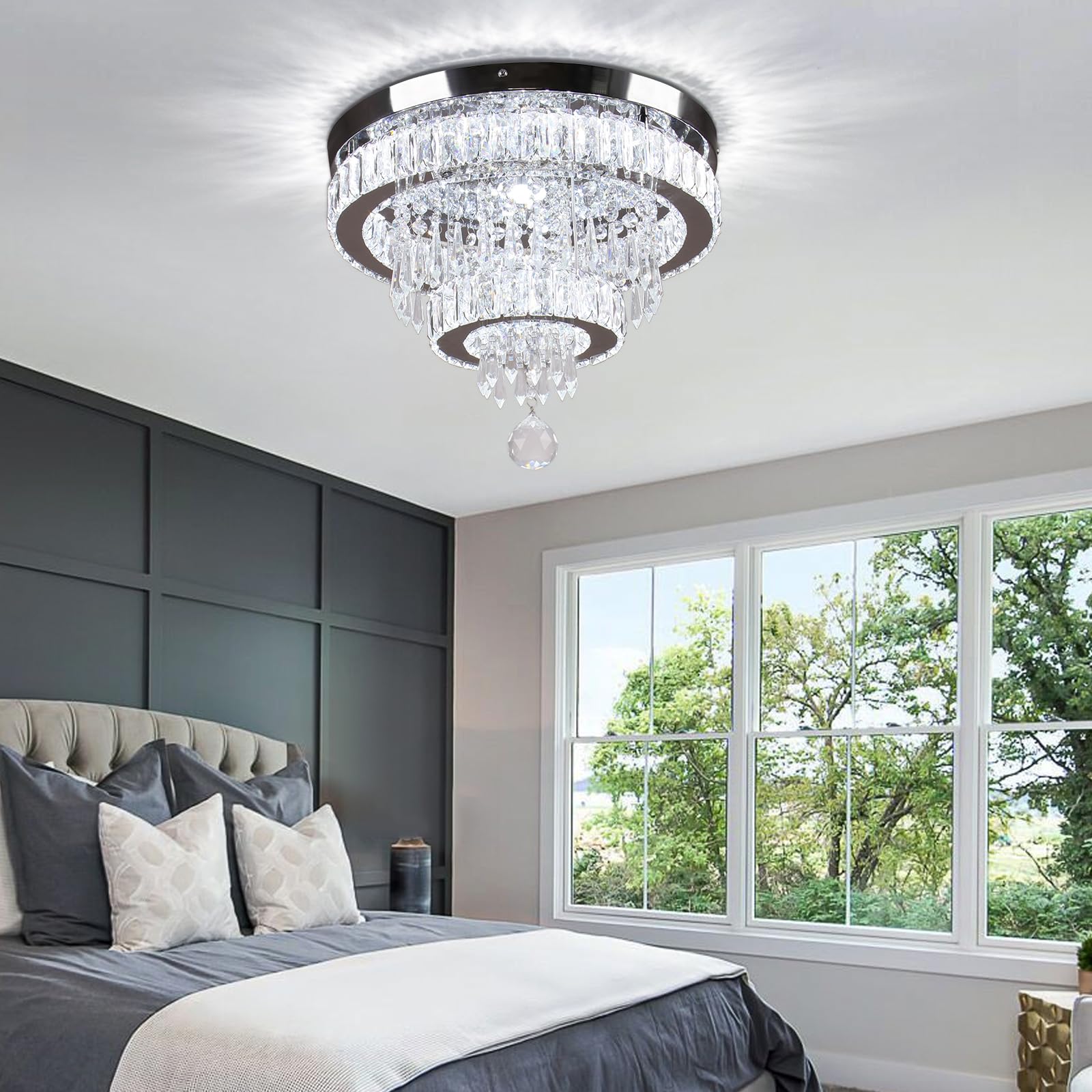 Cainjiazh 16" Crystal Chandelier LED Ceiling Light Fixture, Modern Flush Mount, Stainless Steel, White, Model 2040XD-WHITE
