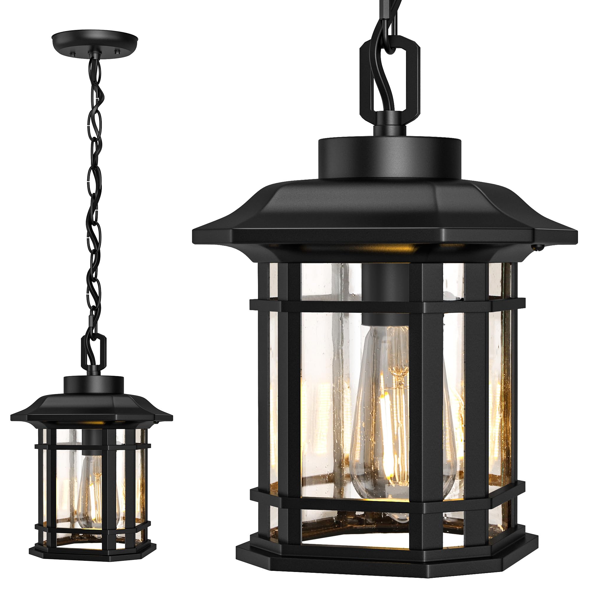 WIHTU Outdoor Pendant Light Fixture  Exterior Hanging Lights  Hanging Lantern with Adjustable Chain  Anti-Rust Aluminum Frame with Glass with Raindrop Effect for Front Door Ceiling Entry Porch