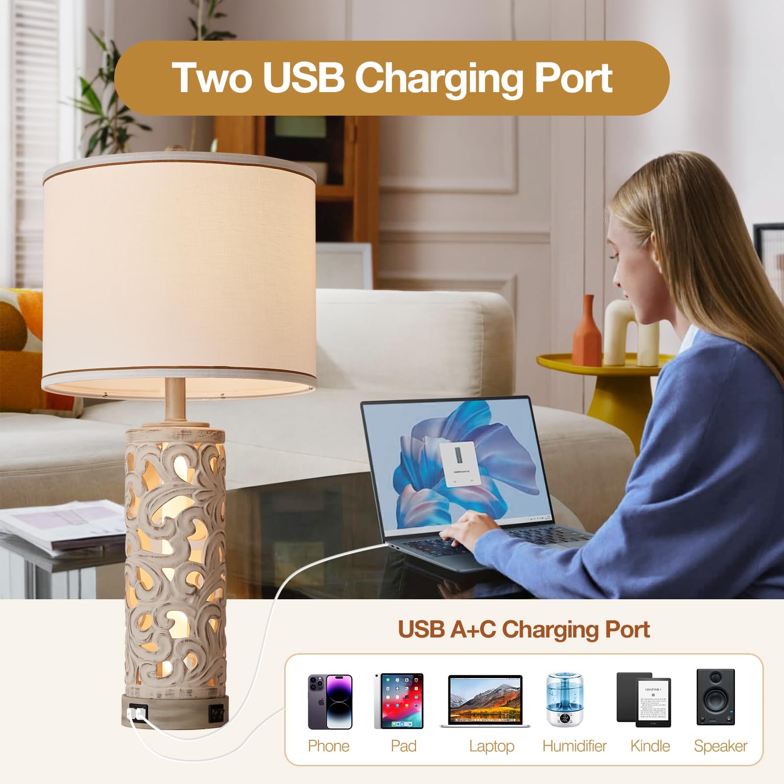 Aidenoey 28&quot; Farmhouse Table Lamps Set Of 2 With Usb Ports & Night Light, White Ceramic