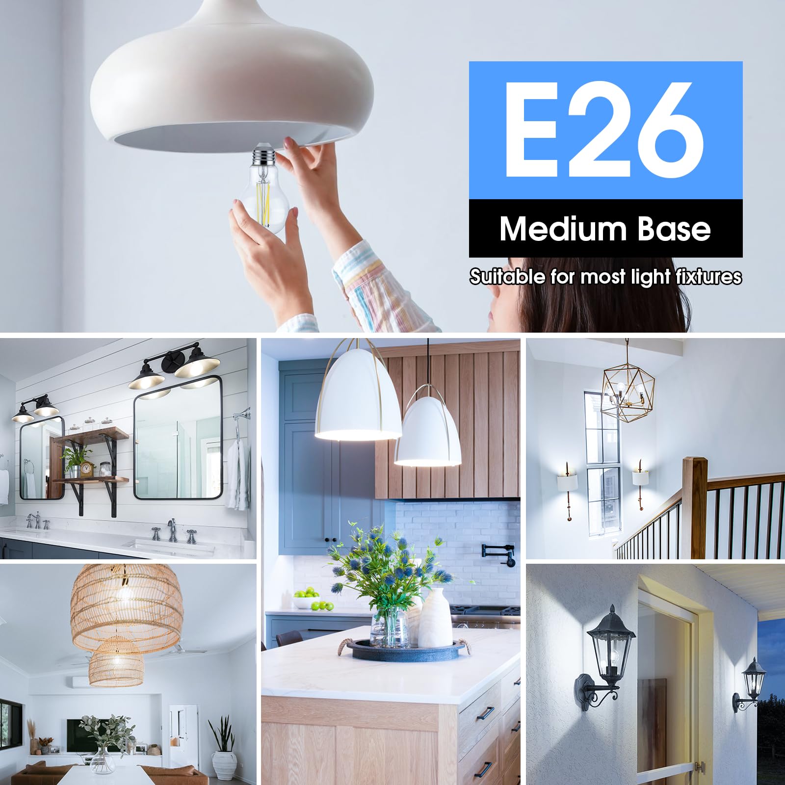 Maxvolador 60W Equivalent E26 Led Filament Light Bulbs, 850Lm Daylight White 5000K Led Edison Bulb, Non-Dimmable 6W A19 Led Bulb Medium Base, 8-Pack