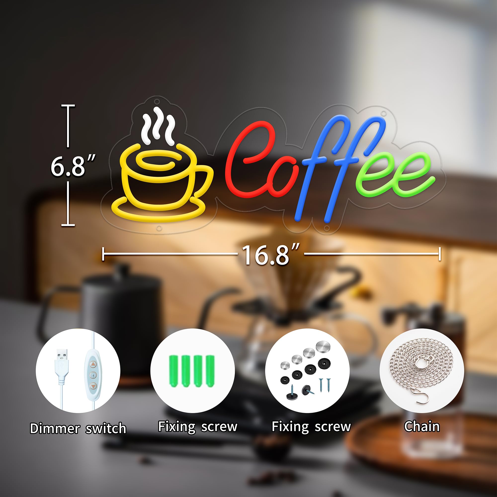 Moneter Coffee Neon Sign - LED Wall Decor for Kitchen, Bar & Restaurant, 16.8x6.8in, Acrylic, Coffee Color