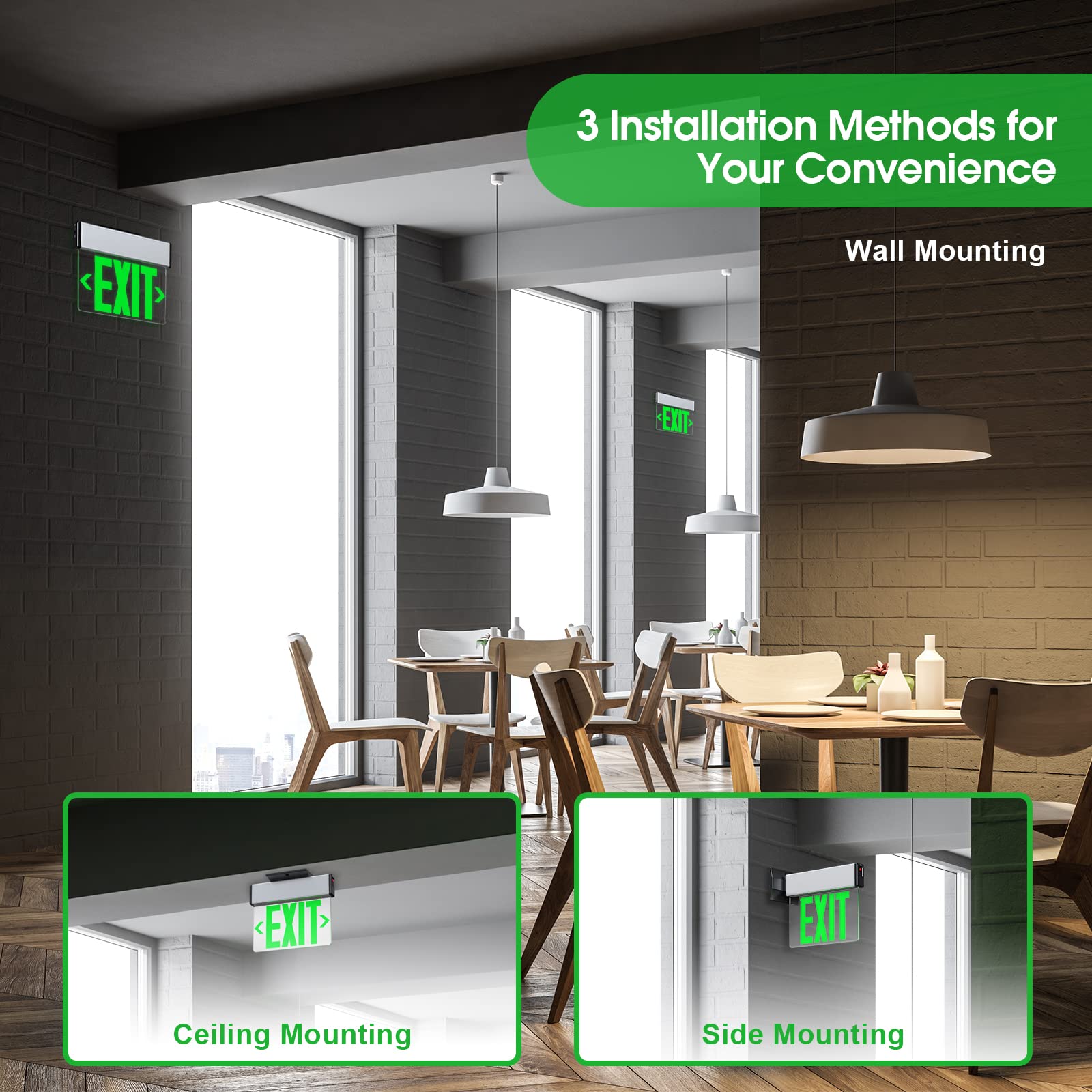 Led Edge Lit Exit Sign Aluminum Housing Ac 120-347V Emergency Exit Light With Battery Backup Single Sided Acrylic Clear Panel Commercial Exit Signs, Top/Side/Wall Mount, Ul Certified (1 Pack, Green)
