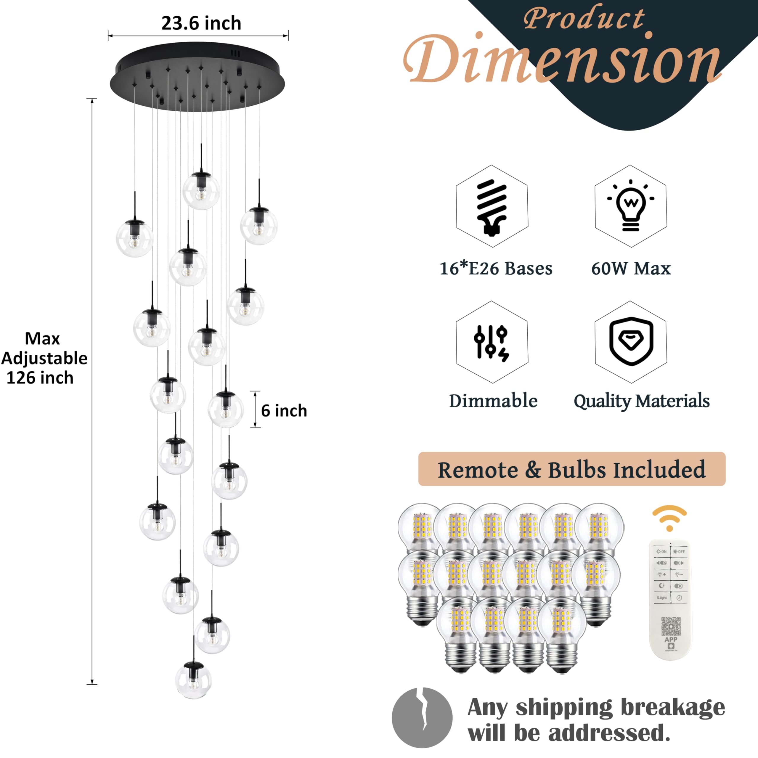 Koko&Yukina 16-Light Black Mid Century Modern Chandelier For Living Room Staircase Chandelier For Entryway Clear Globe Glass Cha