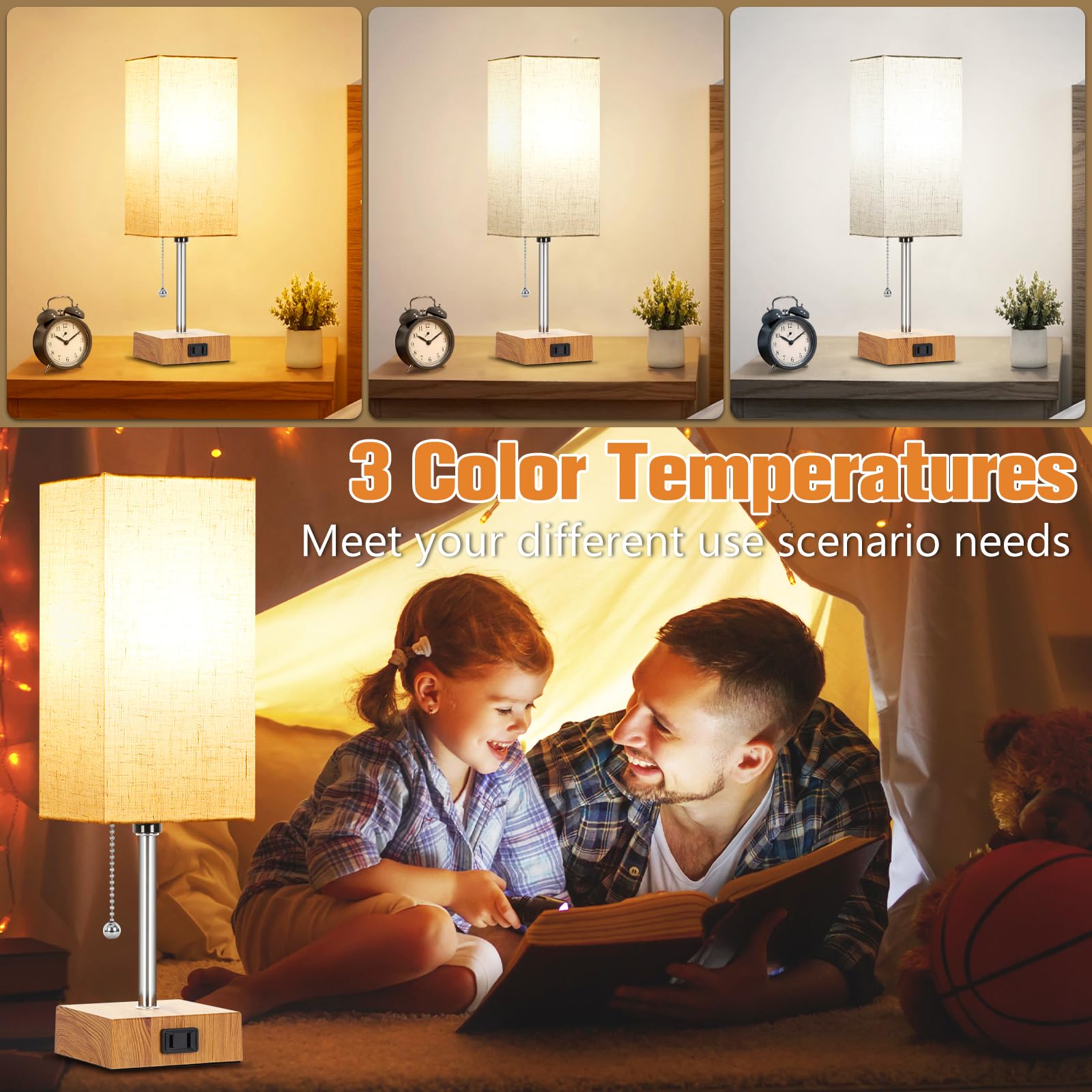 Plmmy Bedside Table Lamp For Bedroom Nightstand, 3 Color Nightstand Lamps Set Of 2 With Ac Outlets, Square Pull Chain Bedside La