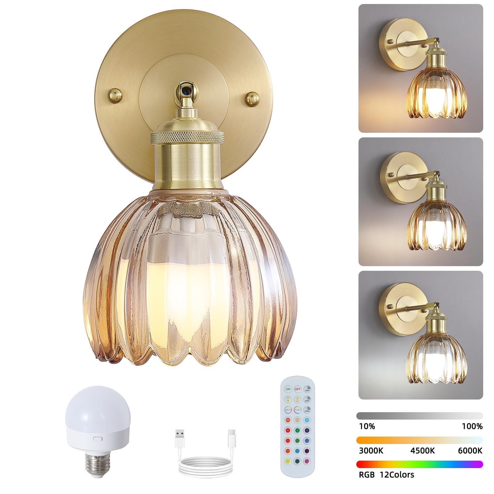 Vintage Battery Operated Wireless Wall Sconces, Rechargeable Gold Wall Lights, Amber Tulip Glass Lampshade With Remote Dimmable