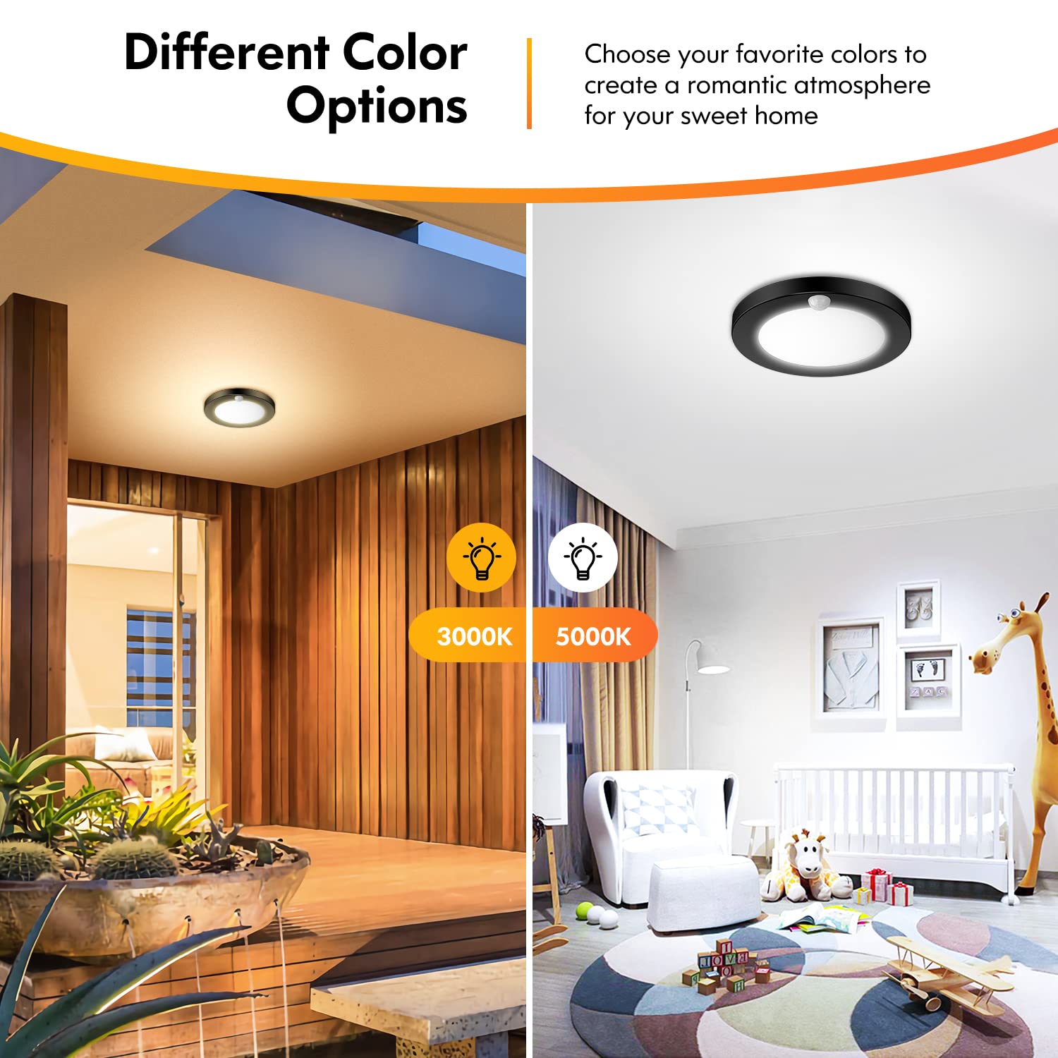 2-Pack Motion Sensor Led Ceiling Lights, 15W-100W Equivalent, 1200Lm 3 Colors In 1(3000K/4000K/5000K), 7.5Inch Black Flush Mount