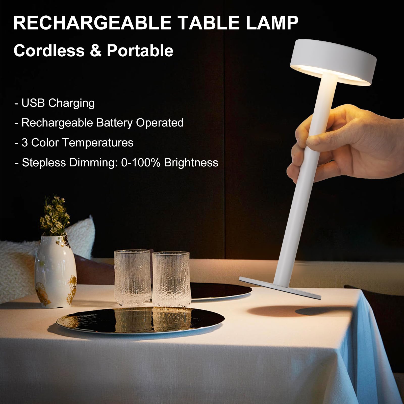 Briever Cordless Table Lamps, Rechargeable LED, 3 Colors Stepless Dimming, Model L6233-B, White