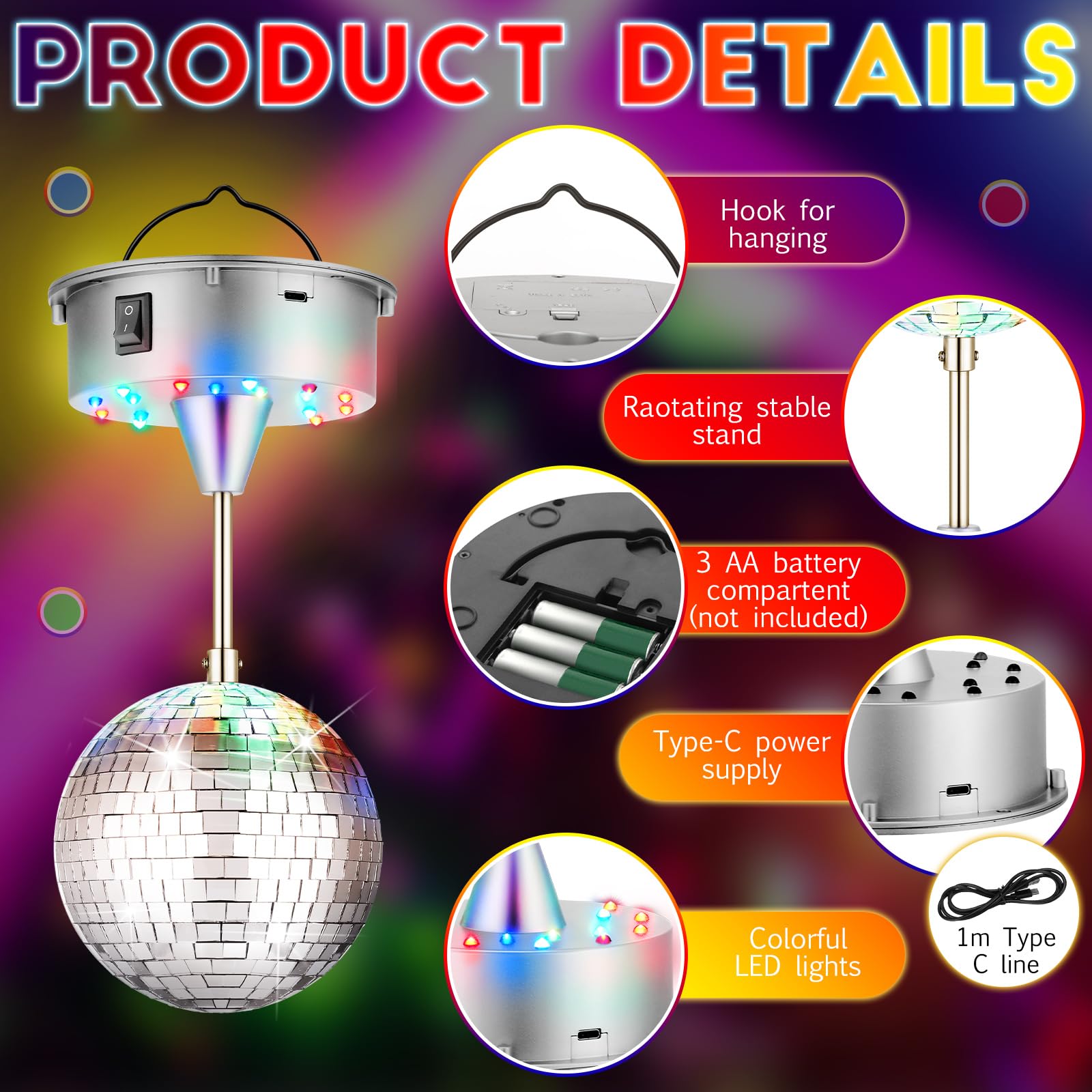 Retisee Christmas Disco Ball Light - 5" Mirror Ball, Rotating 90s Party Decor, 3 Light Colors, Silver, Model TOU-Retisee-1869