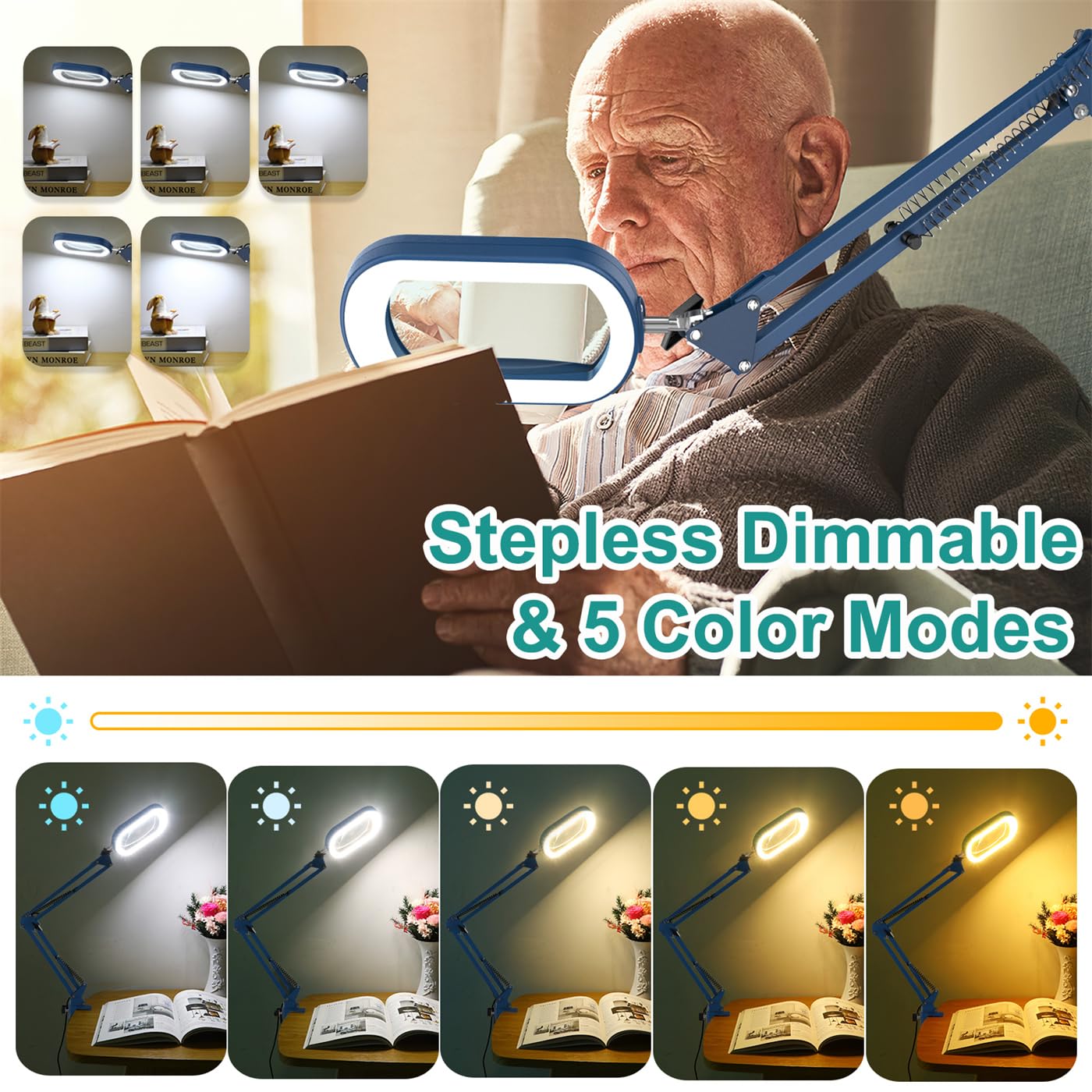 IVMAIE 10X Magnifying Glass with Light, Dimmable Clamp Desk Lamp, Swing Arm, Blue, Model JZ602