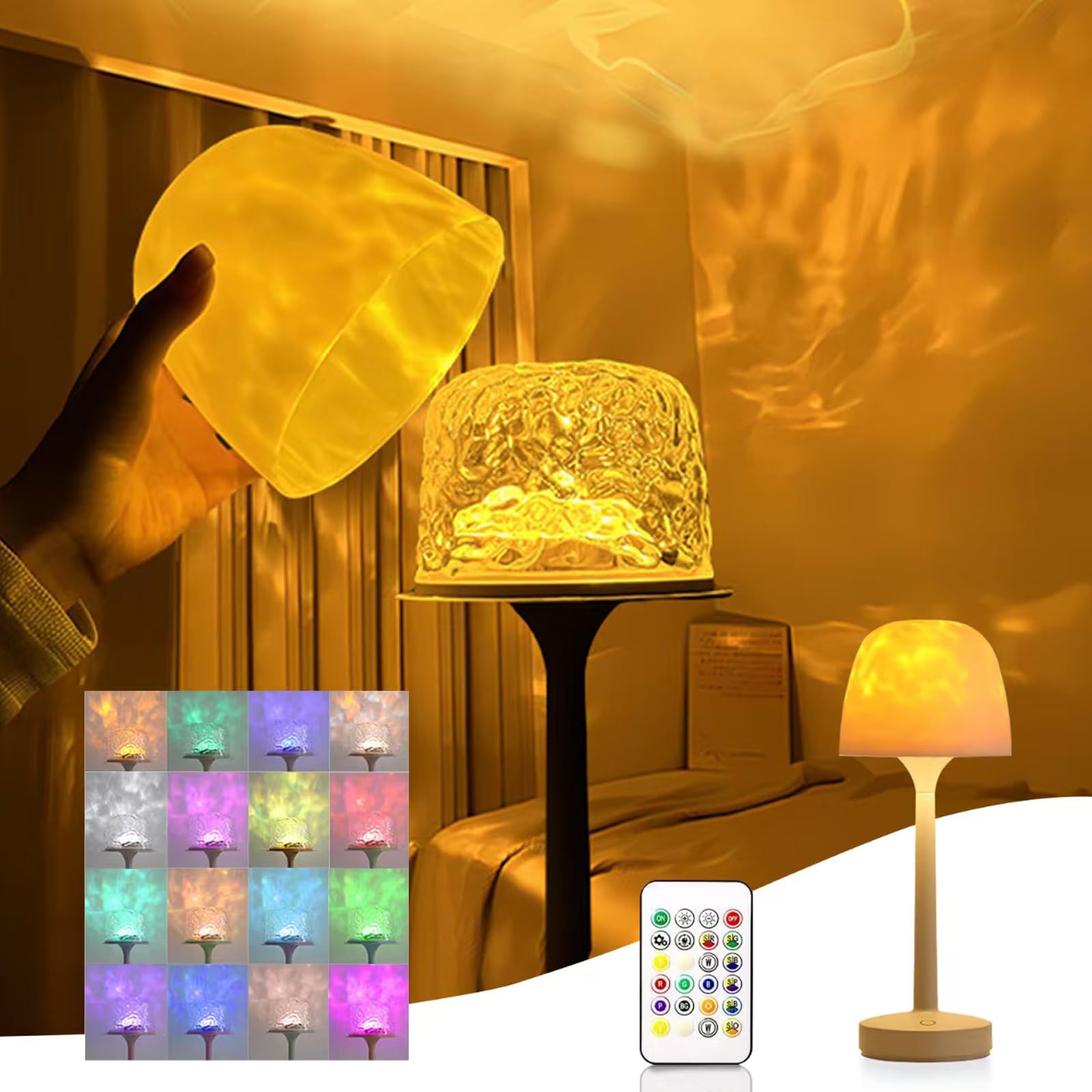 NIUNIUAMY Ocean Wave Cordless Projector Light, USB Rechargeable Cordless Night Light with Remote Control, Party Sunset Mood Ambi