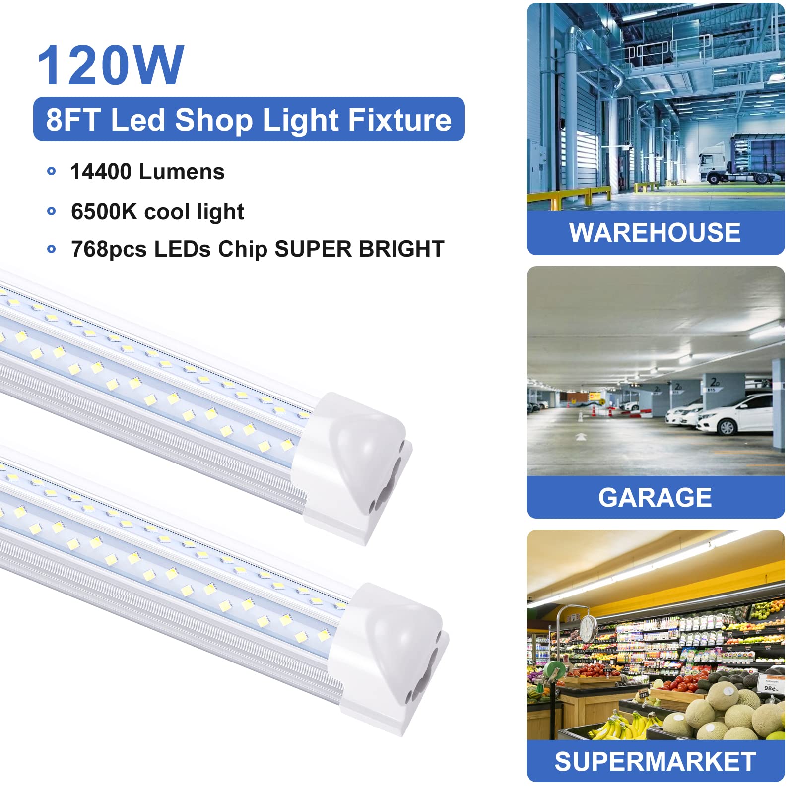 Jomitop 8 Ft Led Shop Light Fixture 120W 14400 Lumens 6500K Cold White T8 V Shaped Integrated Led Tube Light 4 Rows Cooler Door