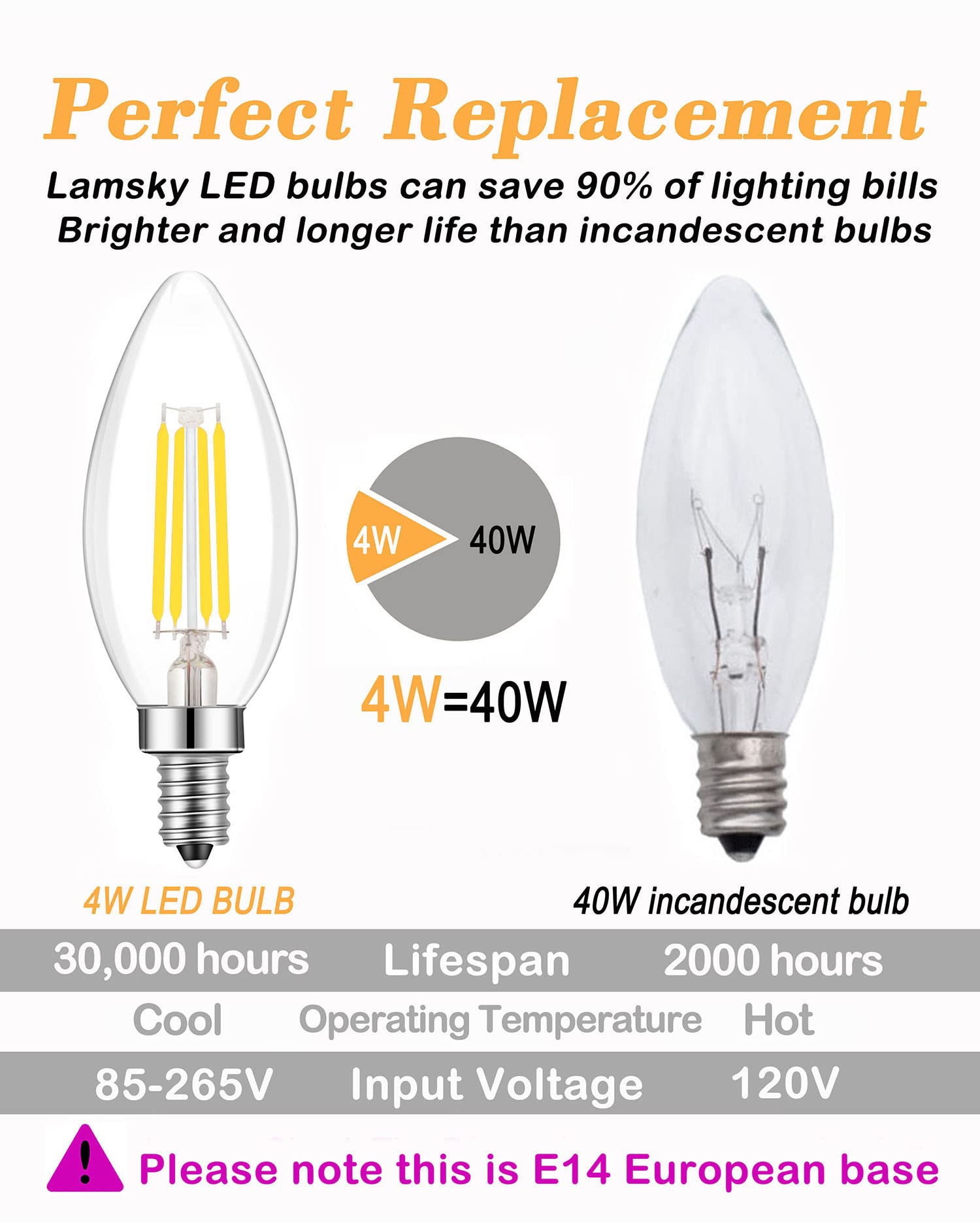 Lamsky E14 Led Filament Bulb, 4W Daylight 6000K, Vintage C35, 4-Pack