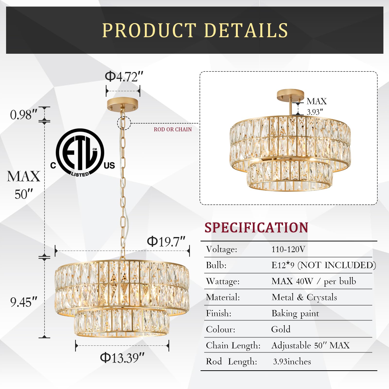 Catiner Gold Crystal Chandelier Modern 18" Round Semi Flush Mount Ceiling Light For Dining Living Room Bedroom & Foyer - Large Round Pendant Fixture