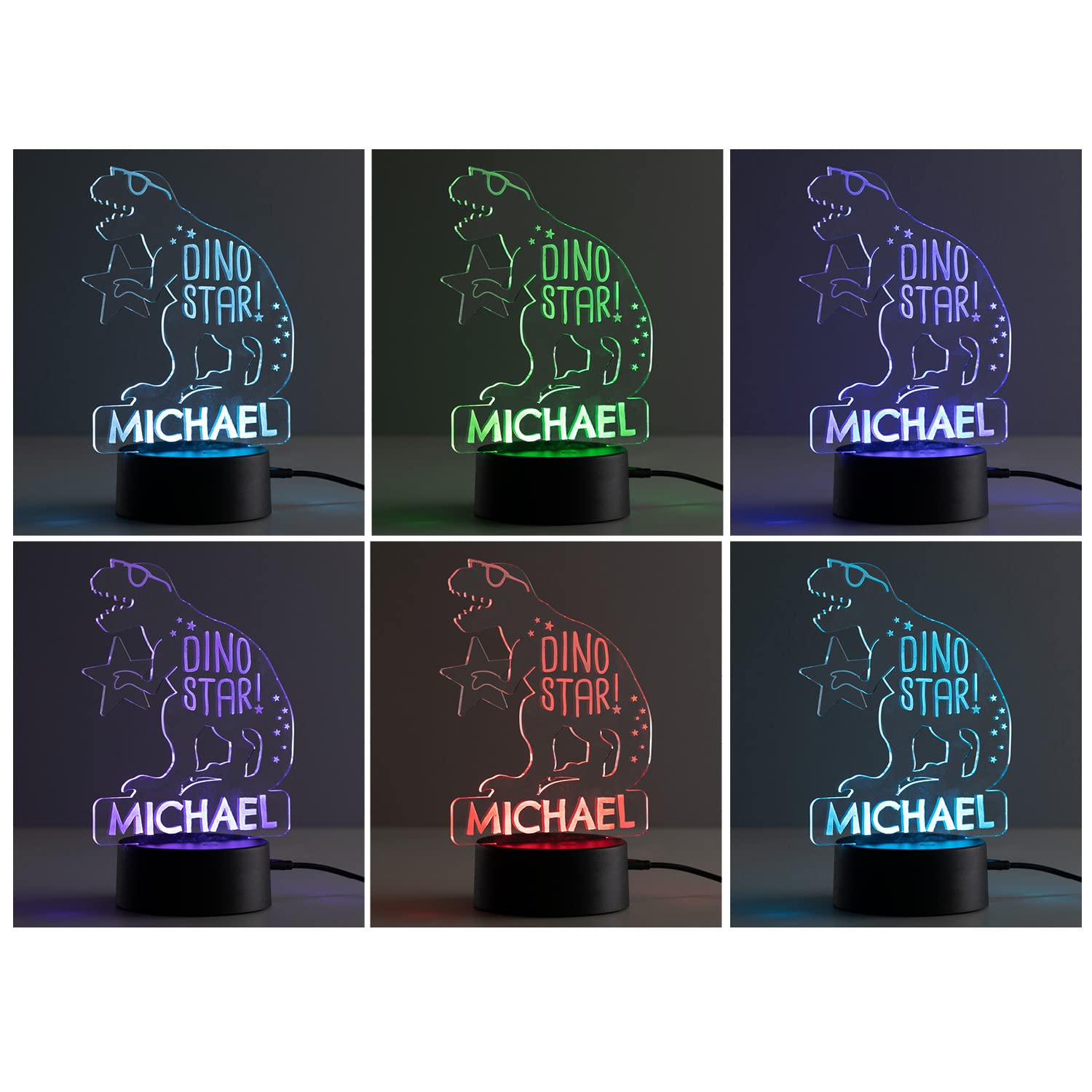 Personalized  t LED Night Light - Custom Name Engraved Acrylic, 7 RGB Colors, 5.5x8.5, DinoStar Dinosaur