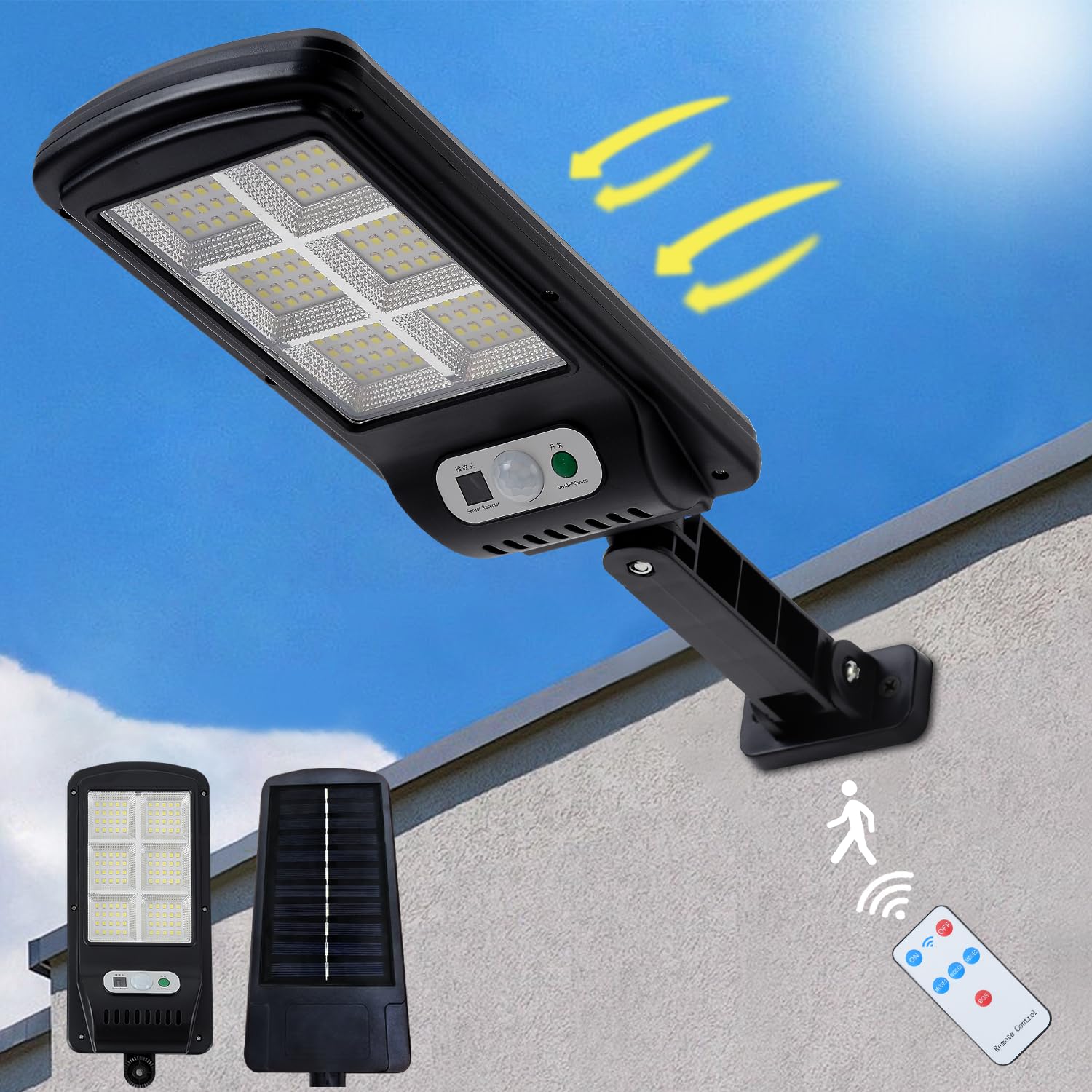 DHrtara 2 Pack 100W Solar Street Lights, Waterproof, Dusk to Dawn, Motion Sensor, Remote Control, Black, Model DH727
