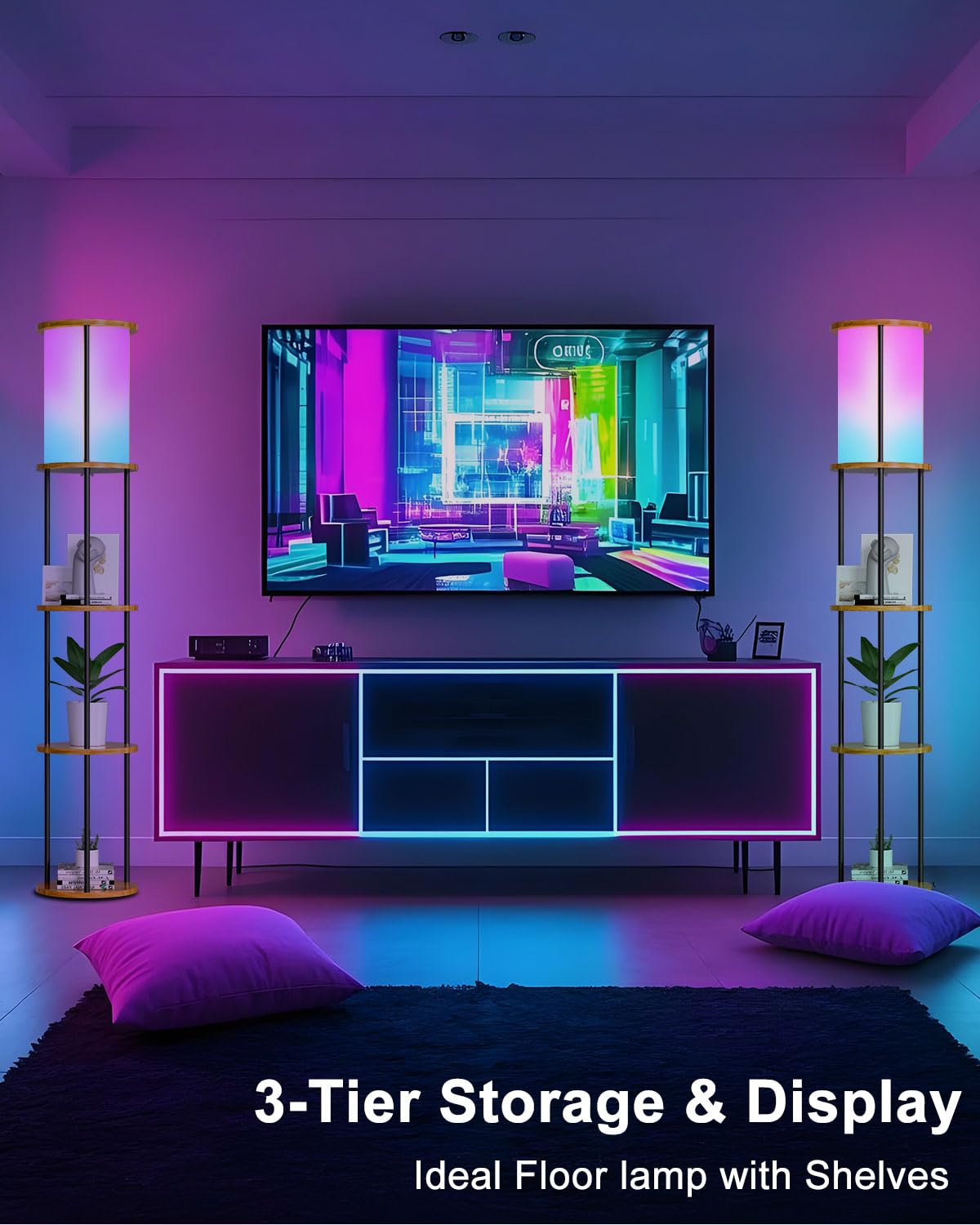 Lightdot 61 RGB Floor Lamp with Shelves, 3-Tier Storage Smart Remote Control Standing Lamp with Fabric Lampshade, E26 Bulb Inclu