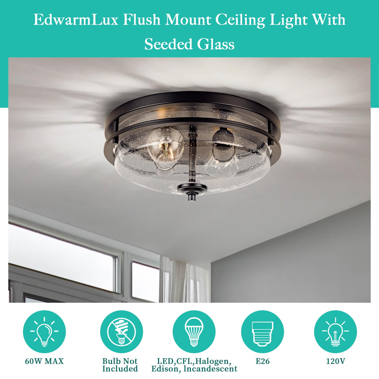 Edwarmlux Flush Mount Ceiling Lights, 2-Light Farmhouse Close To Ceiling Light, Industrial Ceiling Lighting Fixture For Kitchen Hallway Bedroom Living Room Stairways Porch (Black)