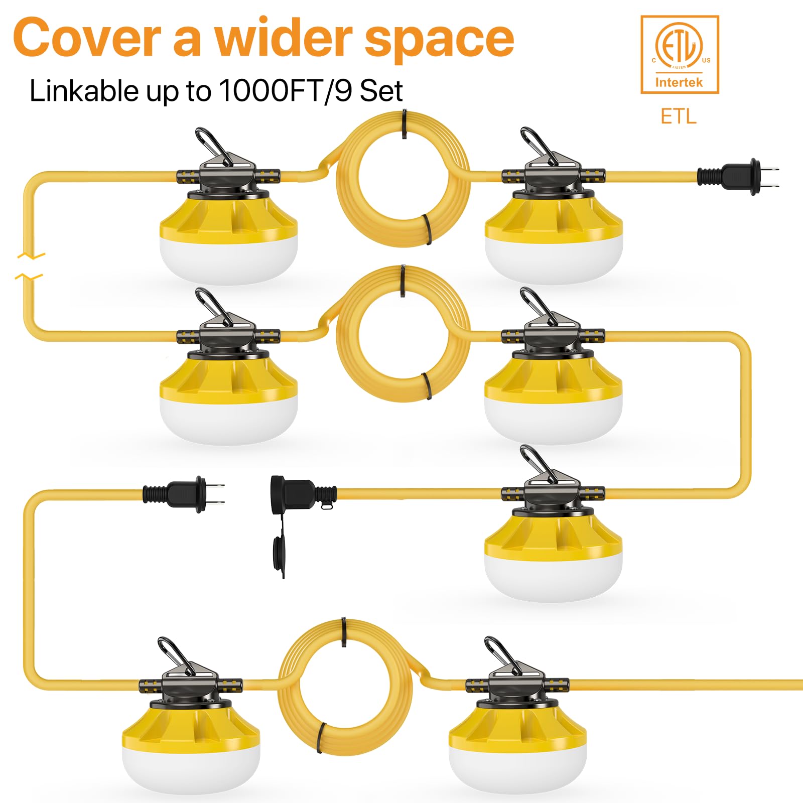 100Ft Construction String Lights: 100W Led Construction String Lights With 5 Bulbs & Hooks, Ip65 Attic Lighting 5000K Linkable Hanging Work Light For Crawlspace, Basement, Backyard