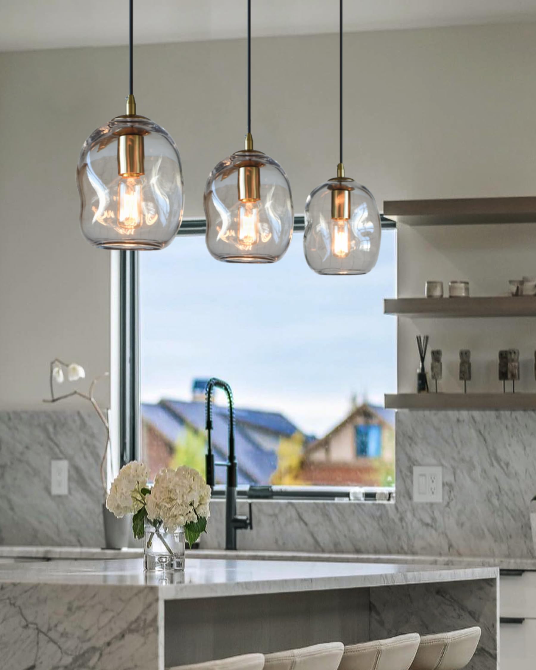 Casamotion Pendant Lights Kitchen Island Modern Clear Glass Organic Globe Brass Gold Ceiling Hanging Light Fixtures Bar Counter