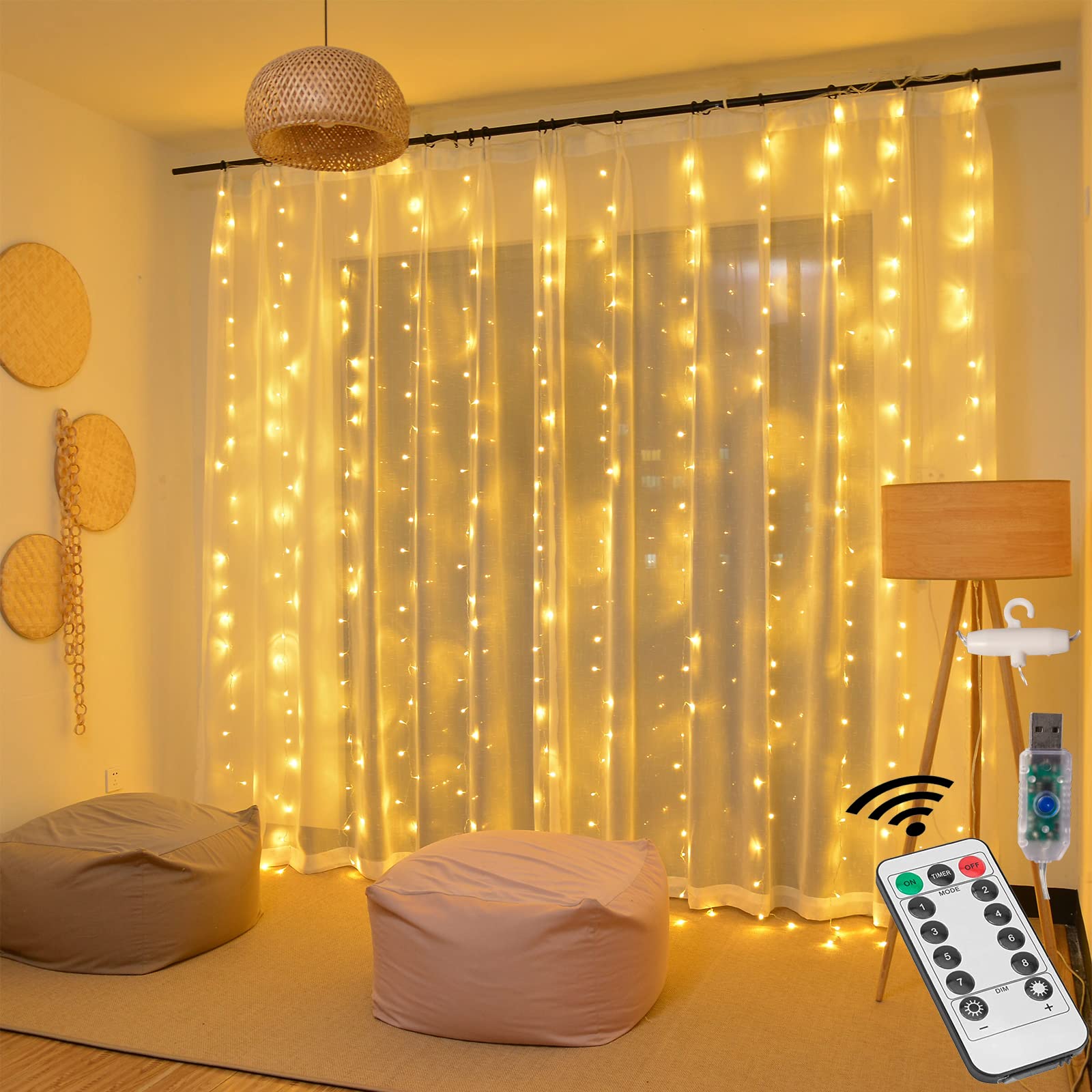 Honche 300 Led Fairy Curtain Lights, 9.8X9.8Ft, Warm White, Remote Control, For Party &