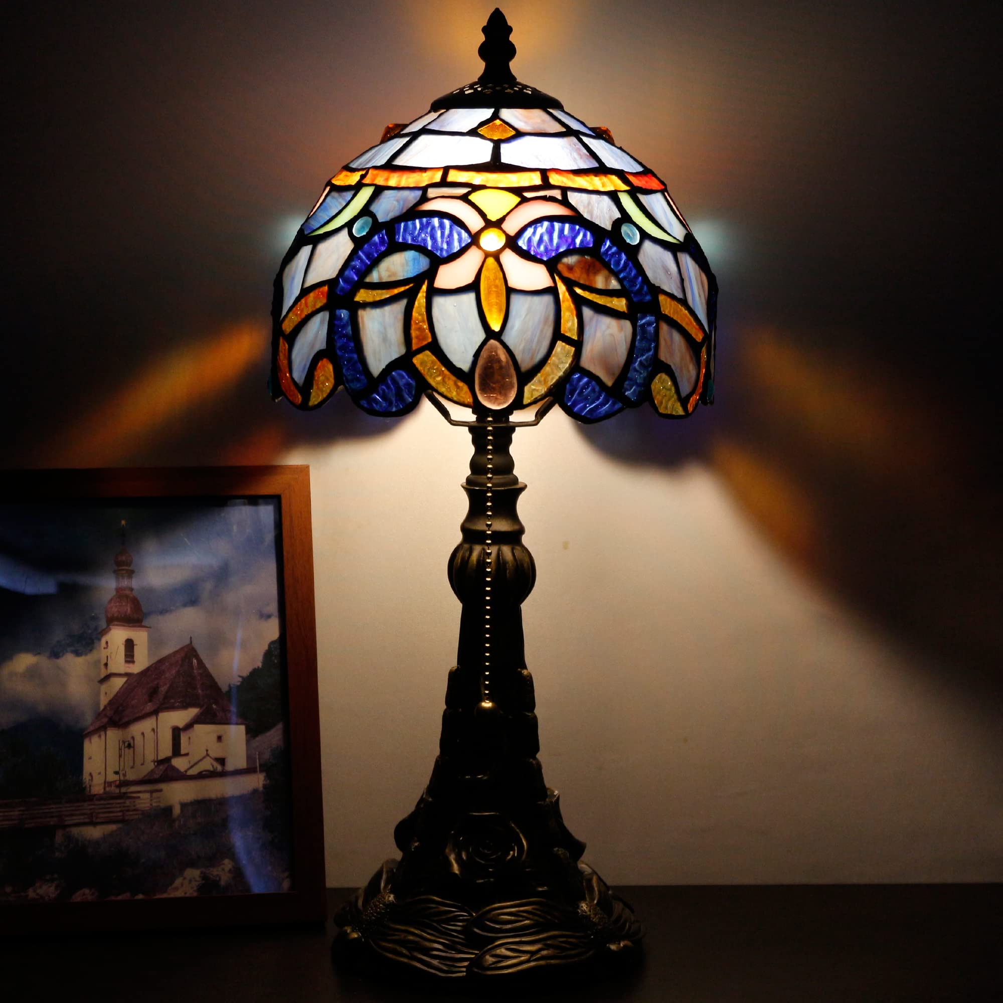 Small Tiffany Lamp Mini Stained Glass Desk Lamp Vintage Table Lamp Tiffany Style Night Light 8X17.5 Inch (Blue Purple Cloudy Sty