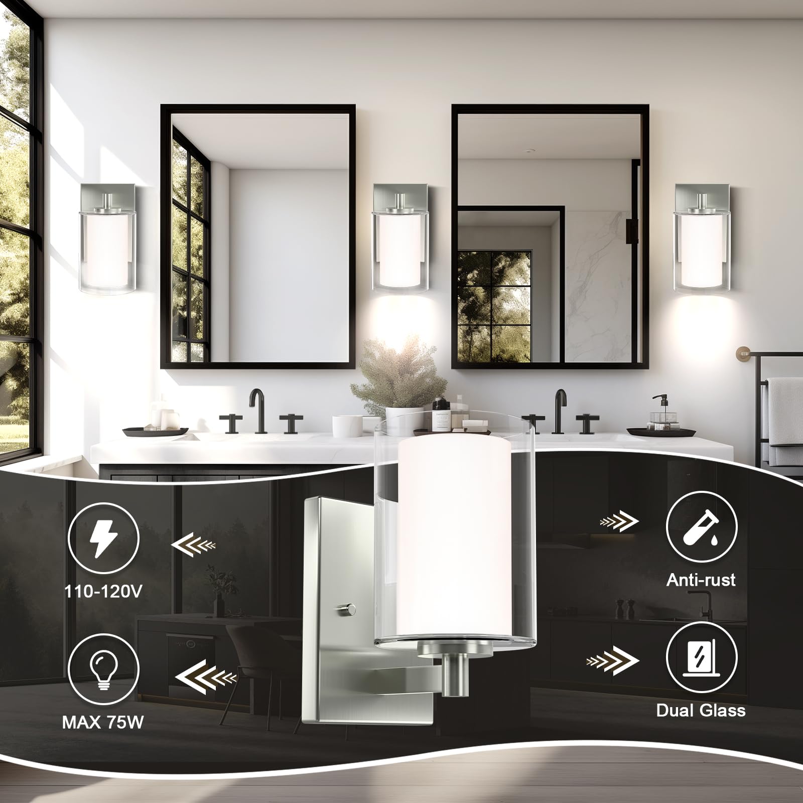 Kalium Wall Sconces Set of 2 Modern Vanity Lights, Double Glass Shade, Matte Black, E26 Base, Ideal for Bathroom, Living Room, Bedroom
