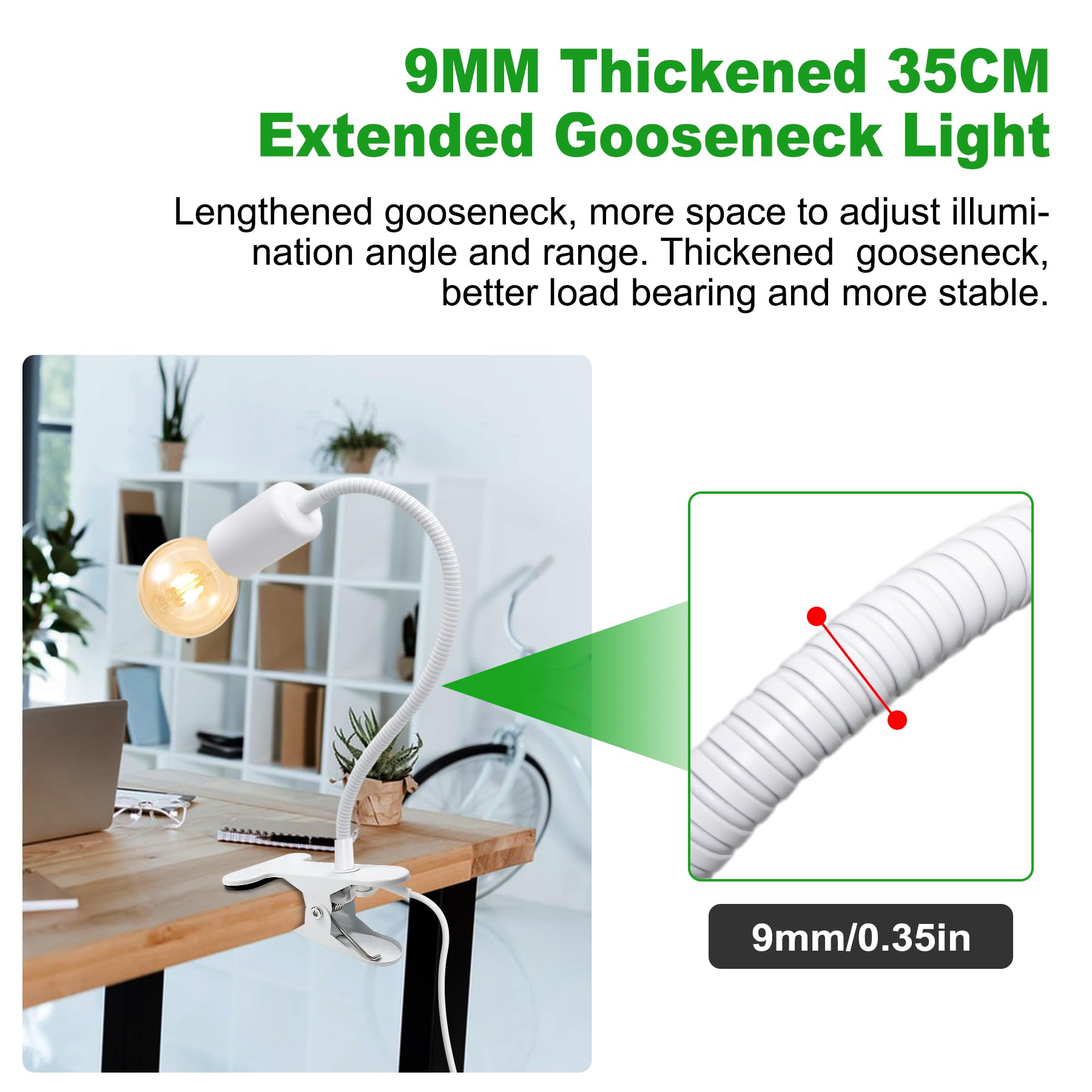 Puanticn Clip on Desk Lamp with 220 CM Cable, E27 Holder, Gooseneck, White, Model PTT.319 for Home Office
