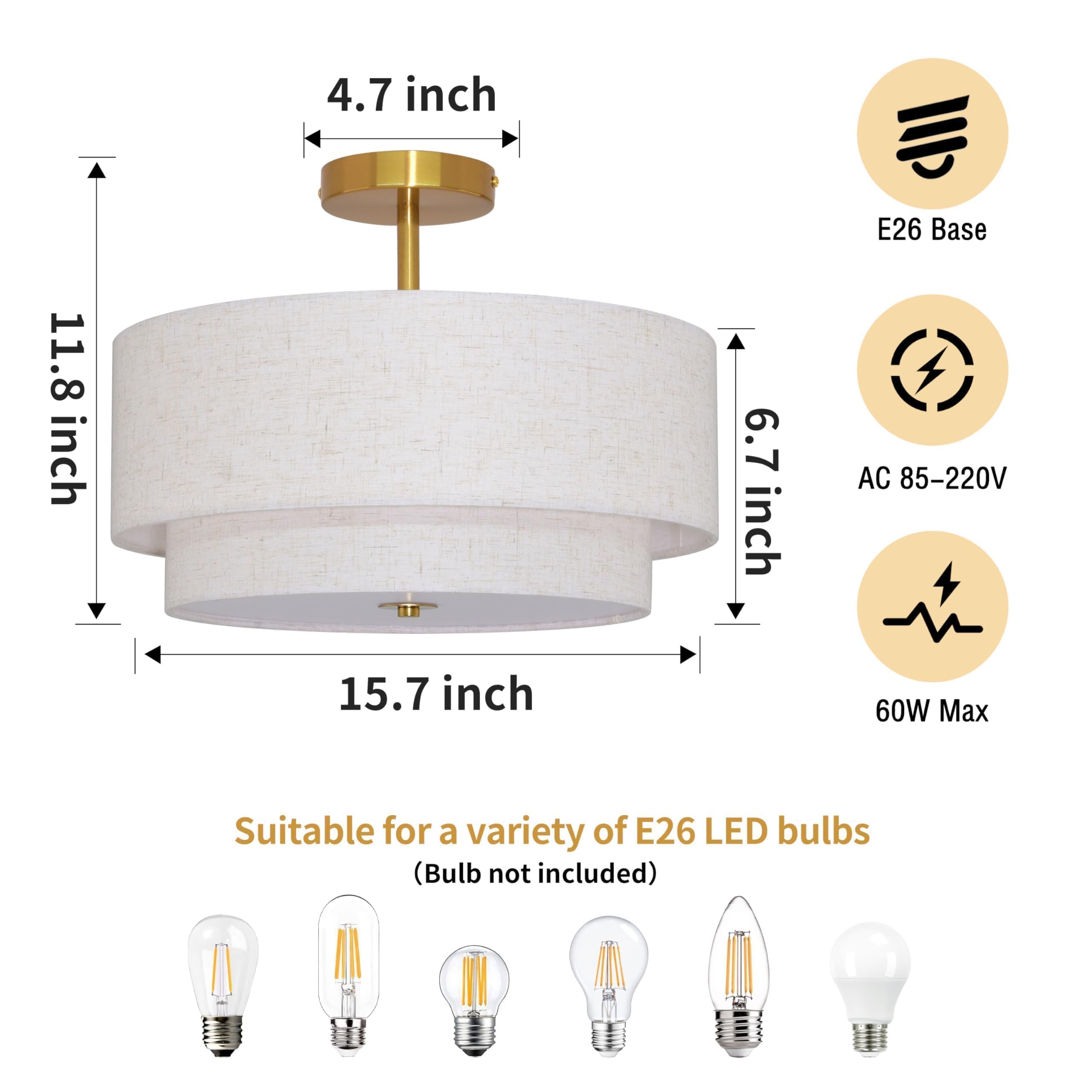 3 Light Semi Flush Mount Ceiling Light Fixture 15.7 Inch Modern Gold Drum Ceiling Light Fixture With 2-Layer Fabric Shade Dimmab