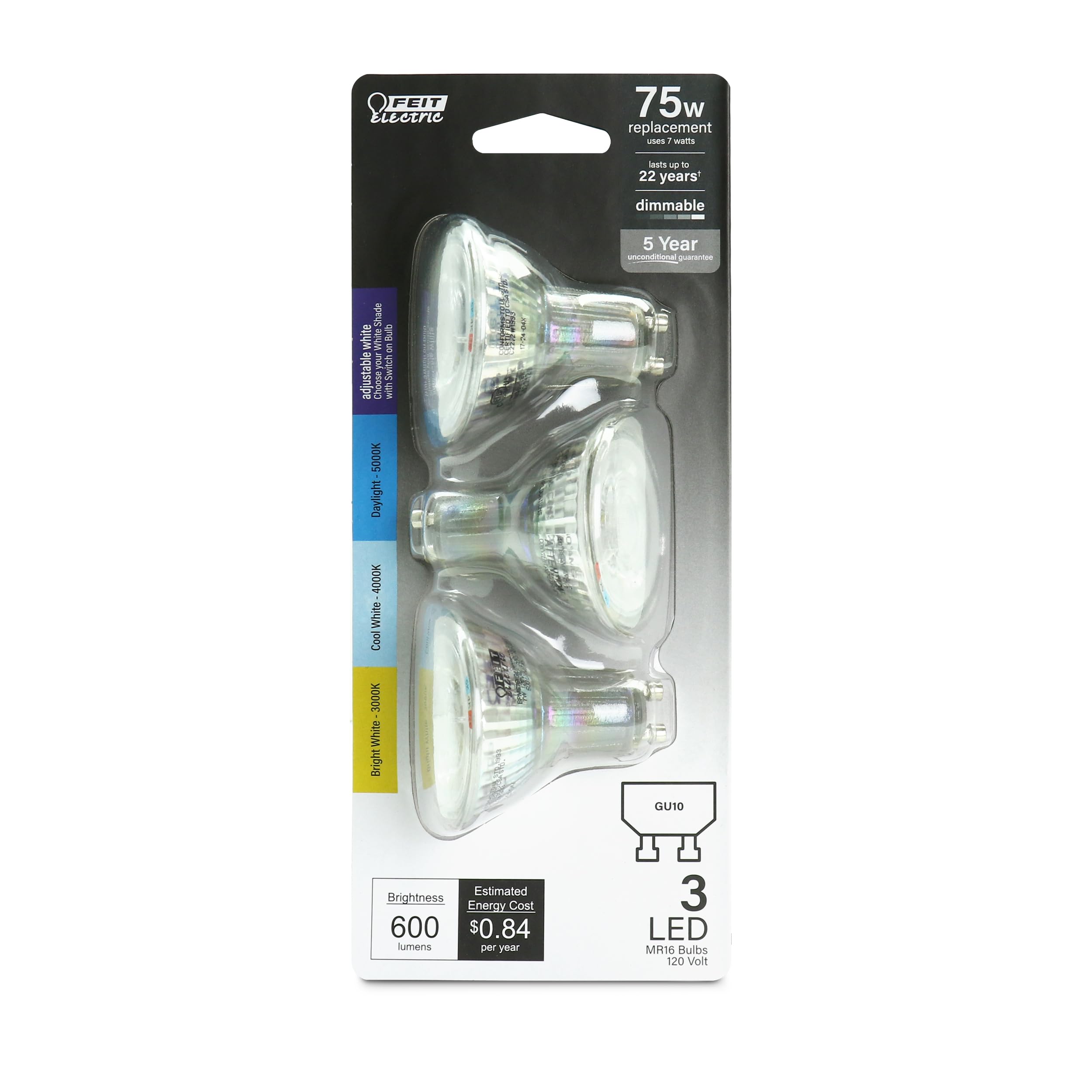 Feit Electric Mr16 Led Reflector Light Bulb, 75W Equivalent, Dimmable, Gu10 Base, 90+ Cri, 600 Lumen, Adjustable Color Temperatu