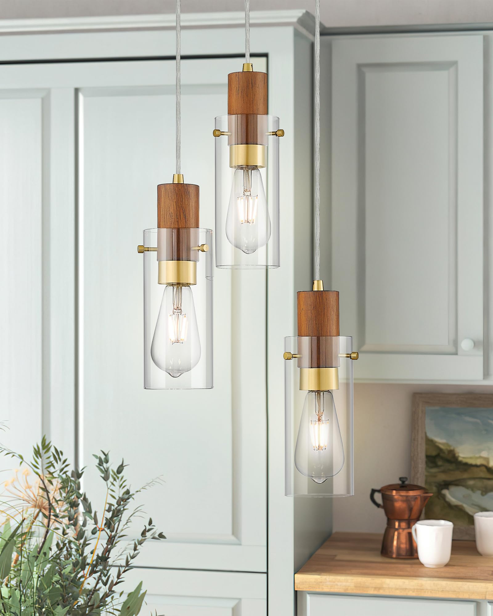 Emak Gold Pendant Light Fixtures, 3-Light Pendant Lights With Clear Glass Shade, Modern Farmhouse Hanging Lights For Kitchen Island, Dining Room, Bathroom, Bedroom, Pl120-Gd-Cl