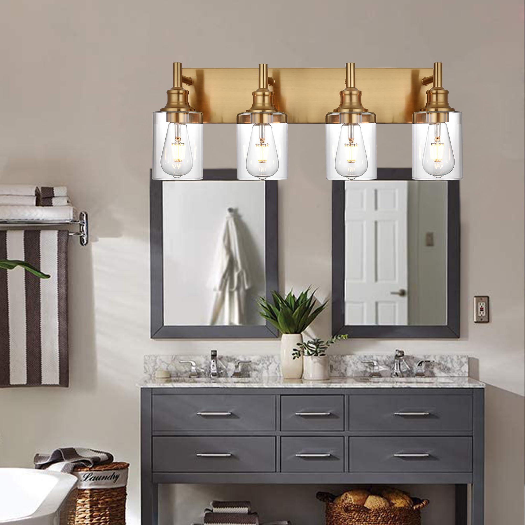 Wanluce 4 Light Vintage Brushed Brass Bathroom Vanity Light Fixtures Over Mirror With Clear Glass Shades, Farmhouse Wall Sconces