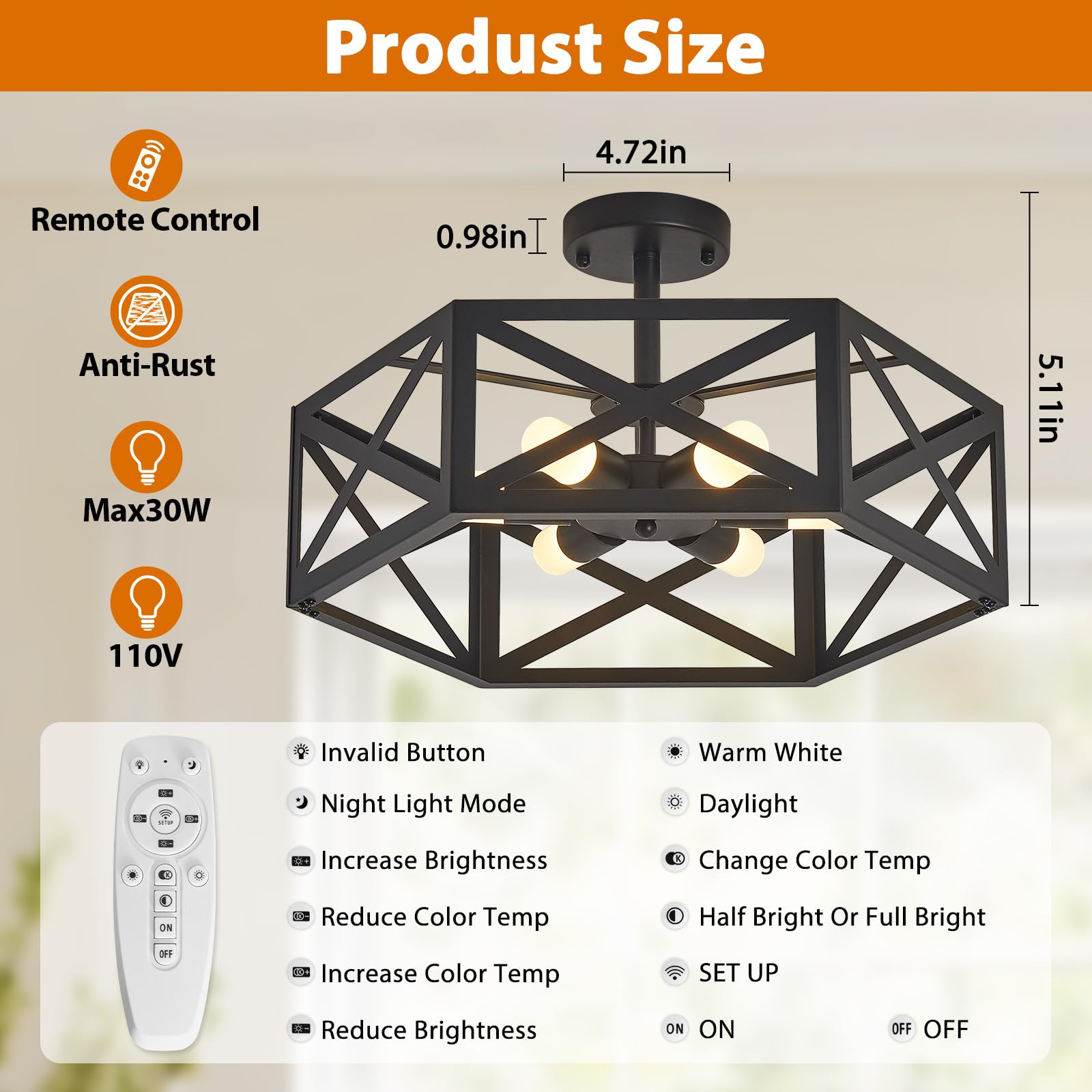 OTeedo Modern Semi Flush Mount Ceiling Light, 6-Light, Remote Control, Metal, Black, 19.7in, Model CL6H-R6