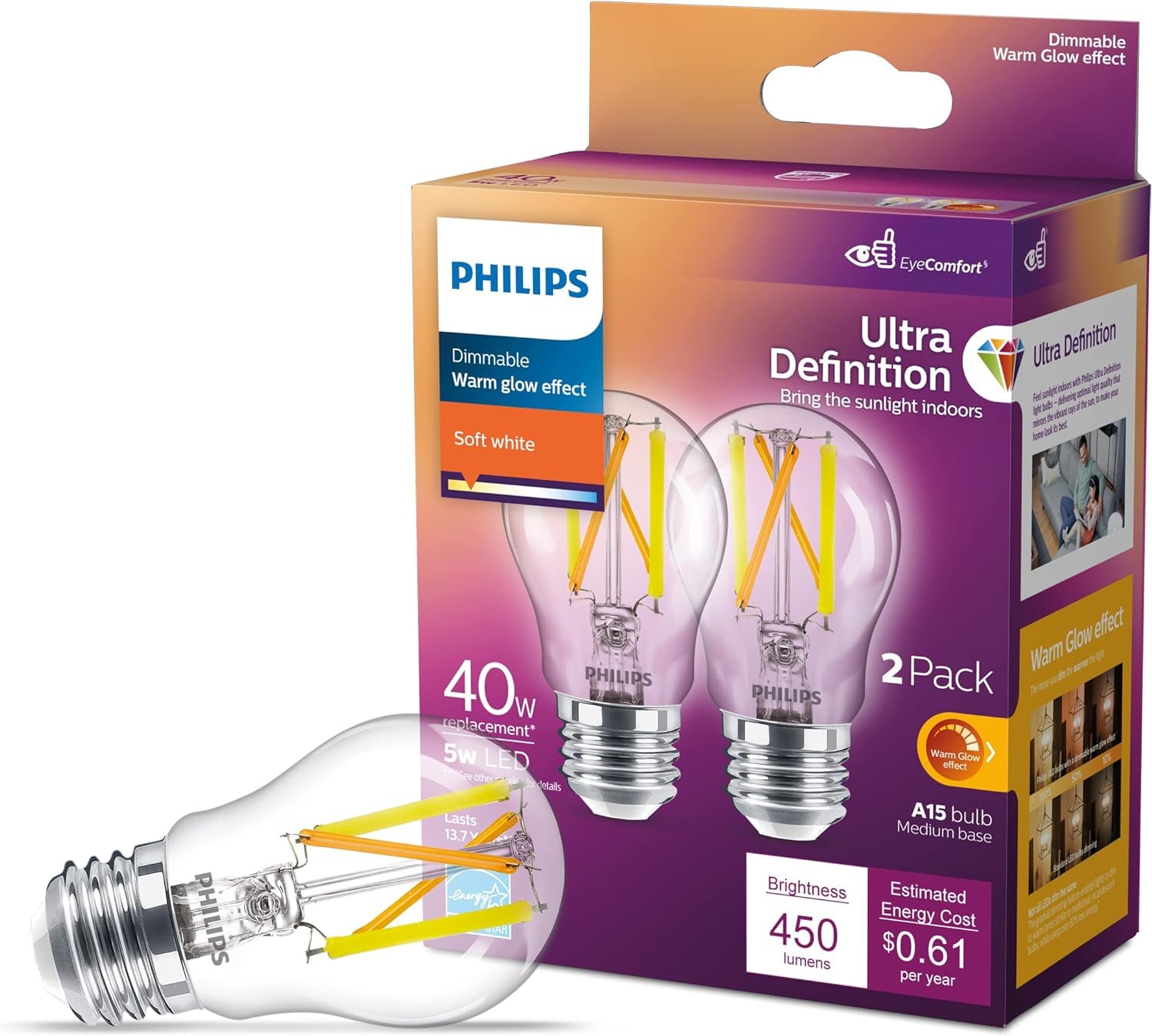 Philips LED A15 Dimmable Light Bulbs - 40W, Soft White 2700K, 450 Lumen, E26 Base, 2 Pack