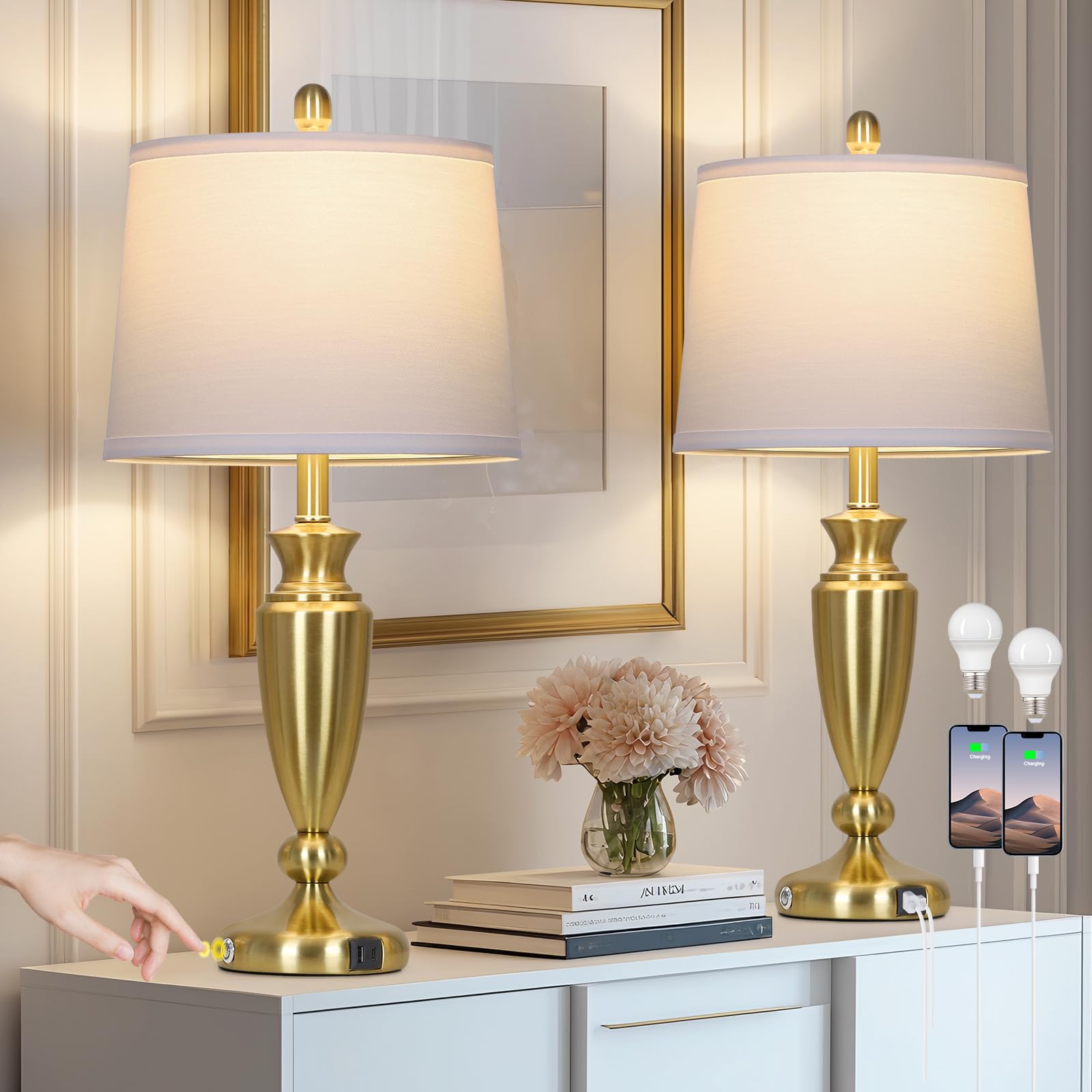 Rinweey 27'' Gold Table Lamps For Living Room, 3 Way Touch Control Bedside Lamps Set Of 2 With Usb A+C Ports, Modern Metal Night