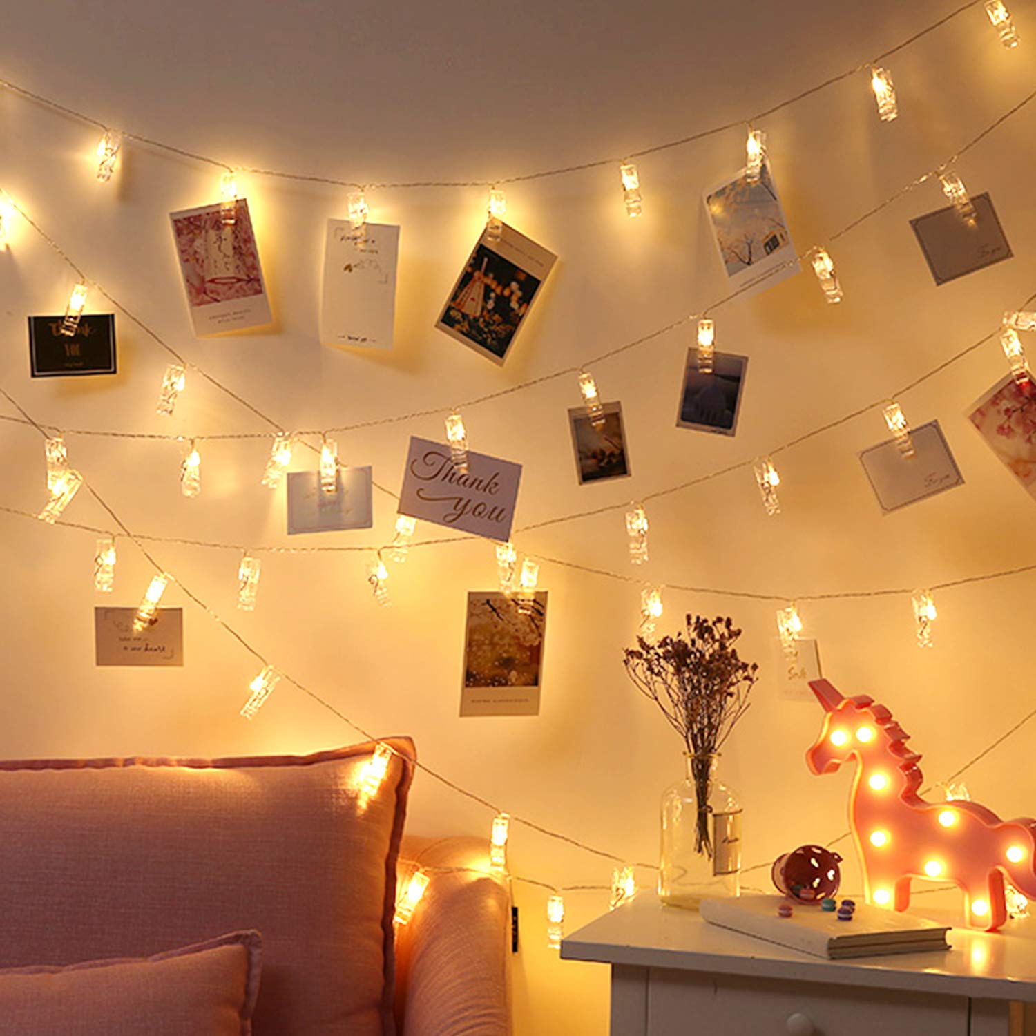 JTL QAKTA Photo Clip String Lights - 50 LED Warm White Fairy Lights with 50 Clear Clips for Pictures & Decor