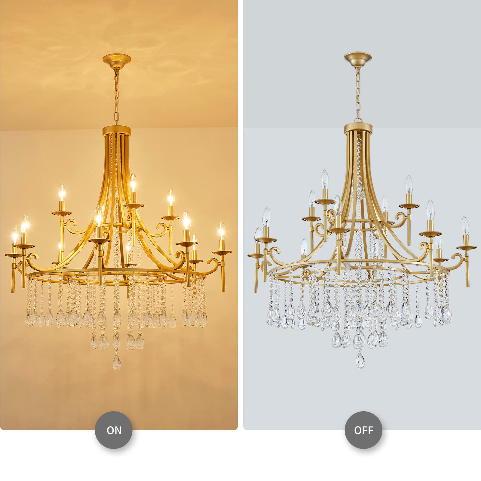WUZUPS 12-Light Candle Chandelier Pendant Ceiling Light, Modern Gold Wagon Wheel Fixture for Bedroom, Kitchen, Living Room
