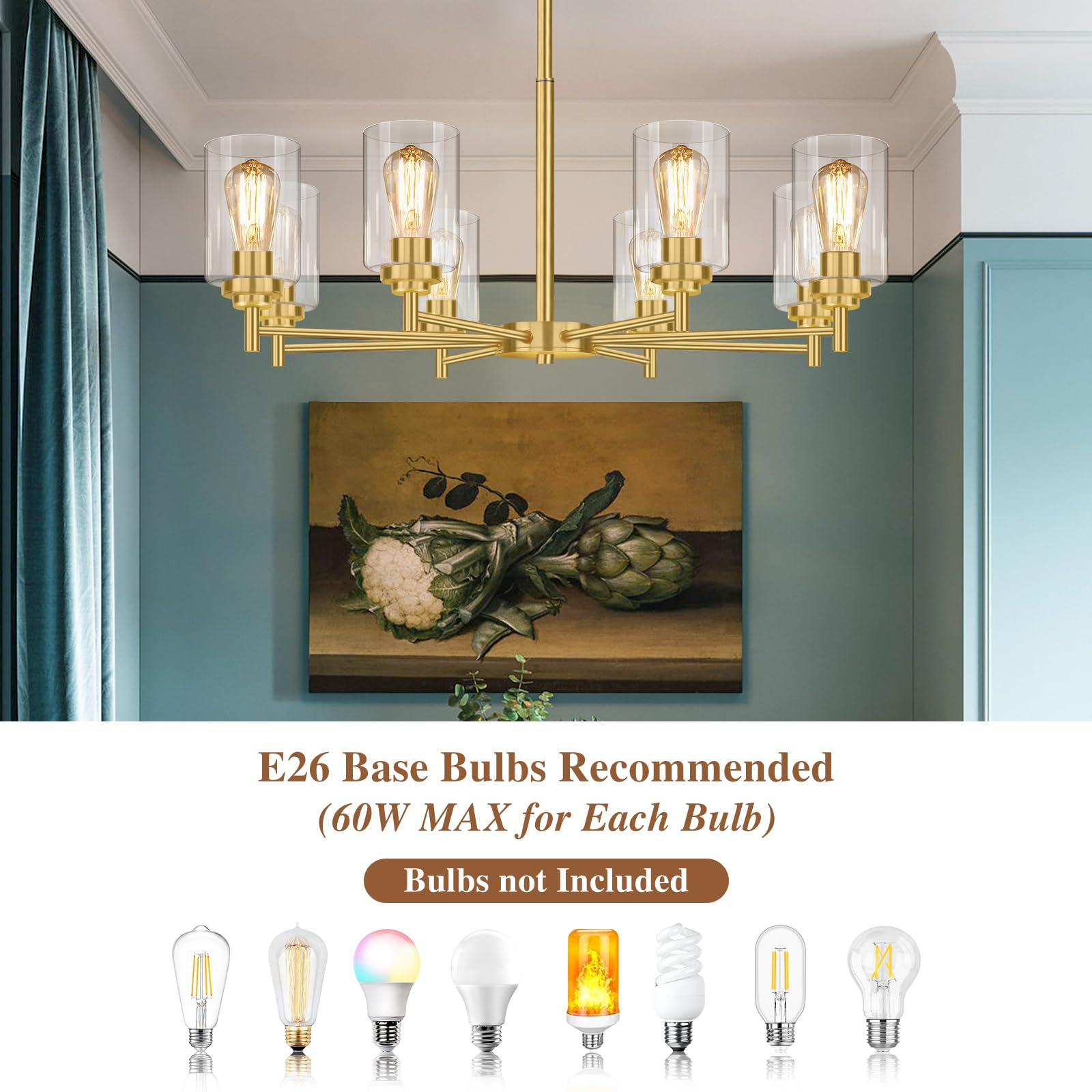 8-Light Chandelier For Dining Room Kitchen Island Modern Farmhouse Pendant Lighting With Clear Glass Shades Industrial Gold Hang