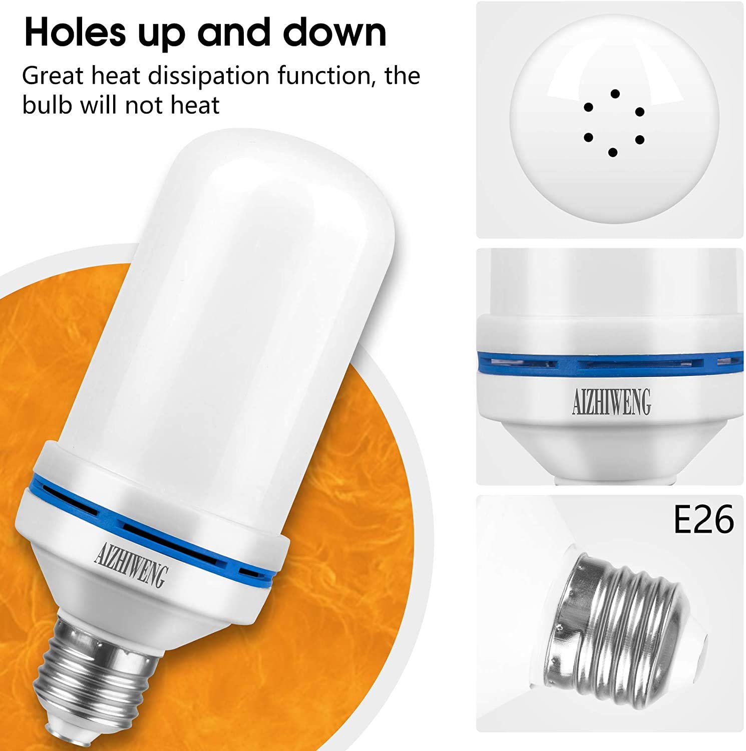 Aizhiweng Led Flame Effect Light Bulb - 4 Modes With Upside Down Effect - E26 Standard Base Flame Bulb - 3W - 150Lumen - Flame Bulbs For Halloween Or Christmas Home/Hotel/Bar Party Decoration (1Pack)