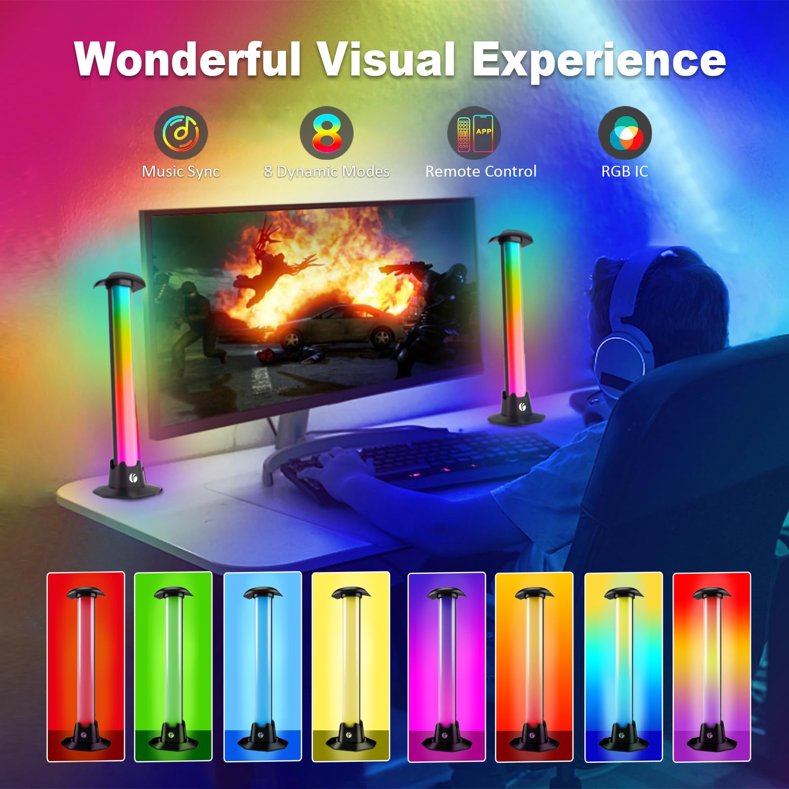 VCOM RGB Light Bar,27.5cm Music Sync RGB IC LED Lights Bars,Color Changing TV Backlight App & Remote Control, USB Powered Ambien