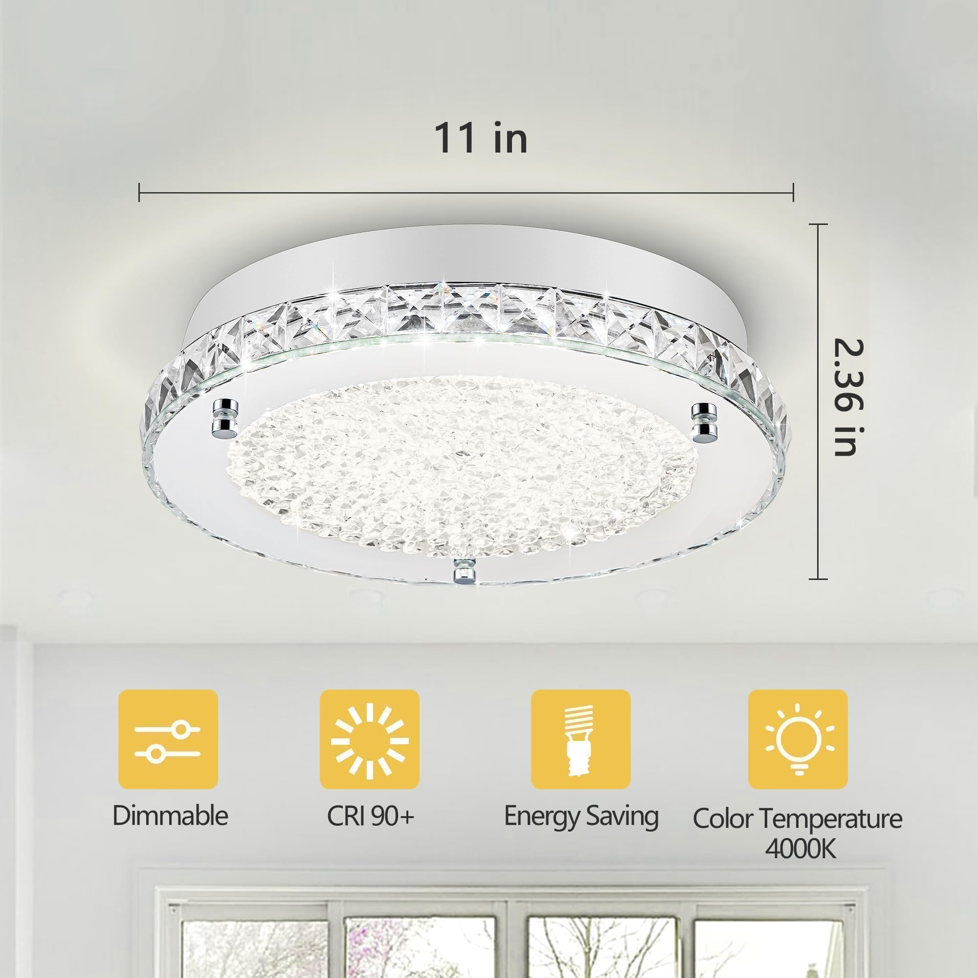 Lzawvm Crystal Ceiling Light Fixture, 4000K Led Dimmable, 11&quot; Flush Mount For Bathroom & Hallway