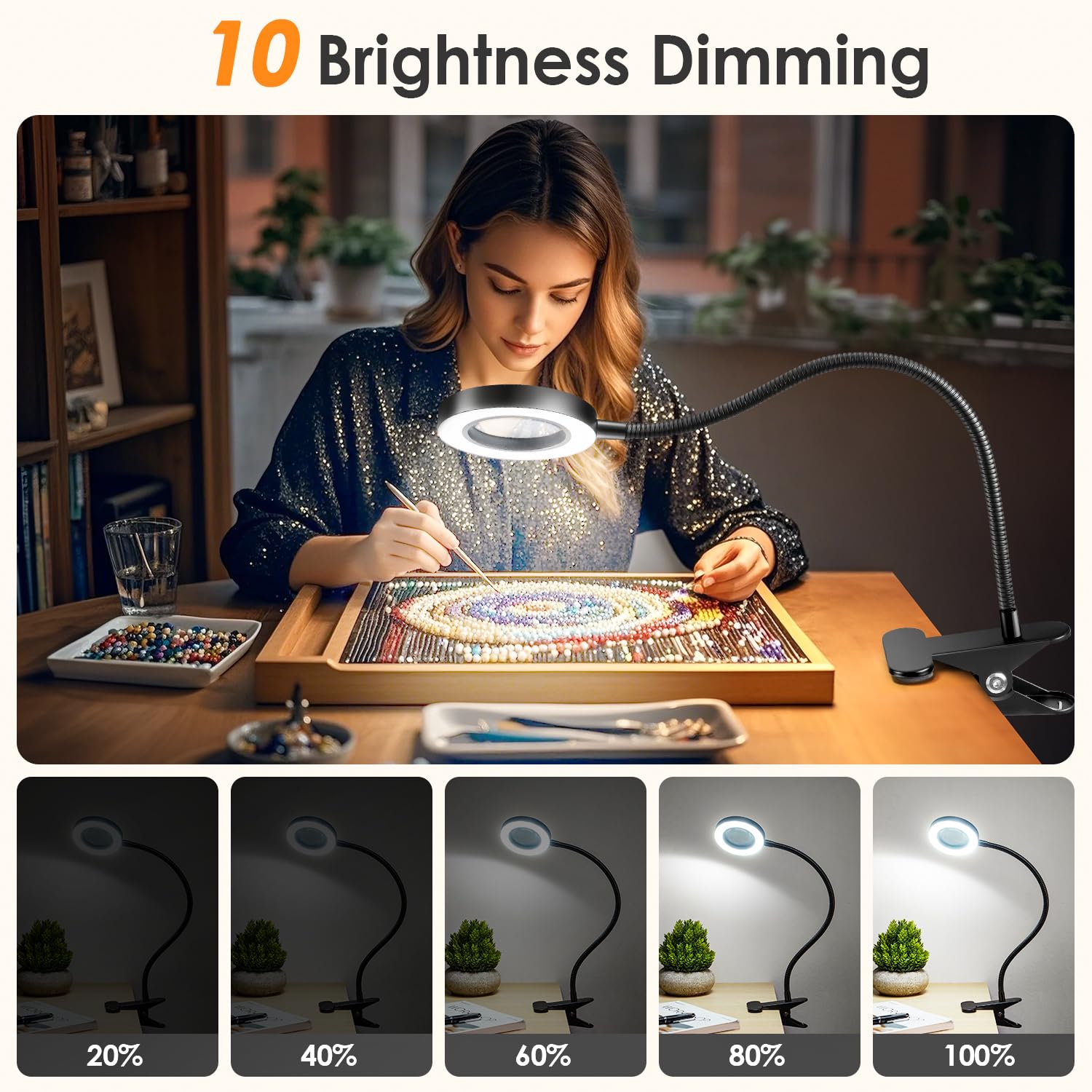 Mubarek Magnifying Glass with Light 5X, 48 LED Desk Lamp, 3 Dimmable Modes, Black