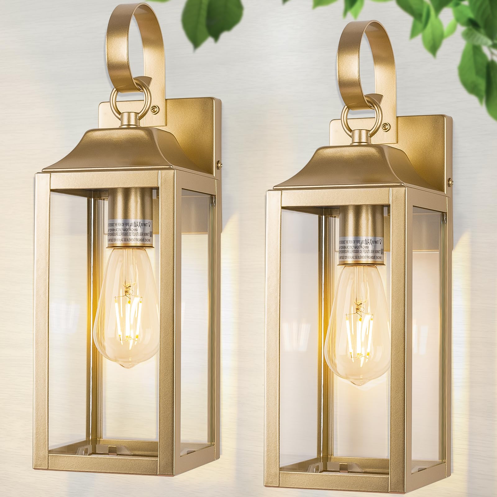 Yolsunes 15 Inch Gold Outdoor Wall Sconces, Waterproof Modern Lanterns With Clear Glass - 2 Pack