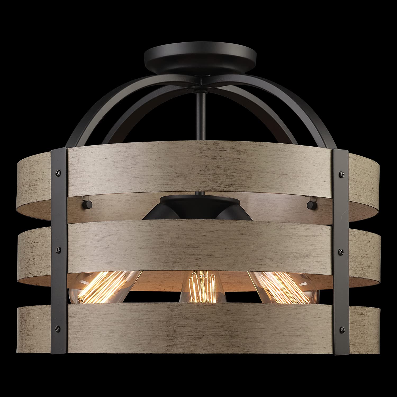 Globe Electric 60804 Maddox 3-Light Flush Mount Ceiling Light, Metal, Matte Black, Faux Wood