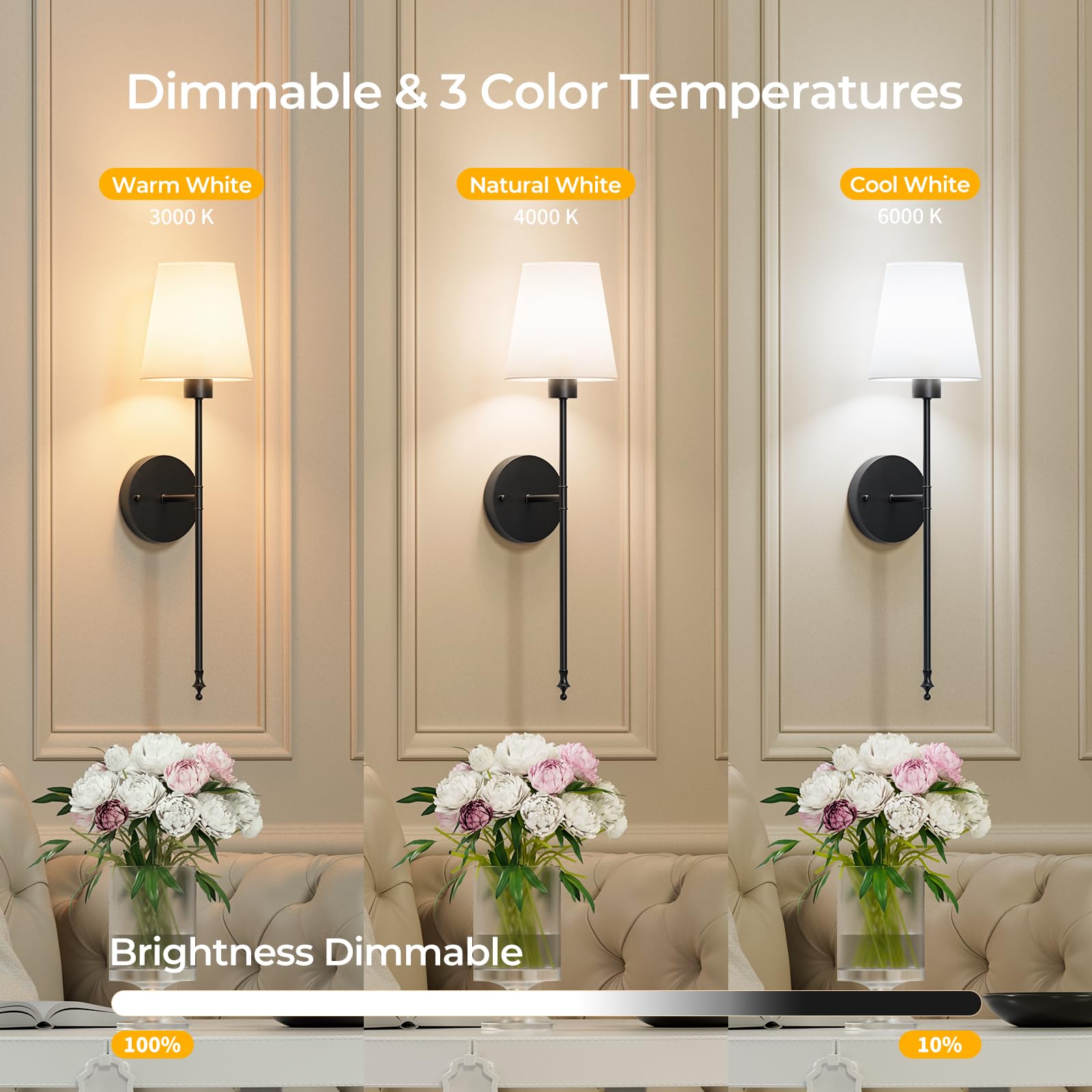 Brightown Battery Operated Wall Sconces, Remote Control, 12 Colors, Dimmable, Metal, Black, Model BWS-001, Set of 2