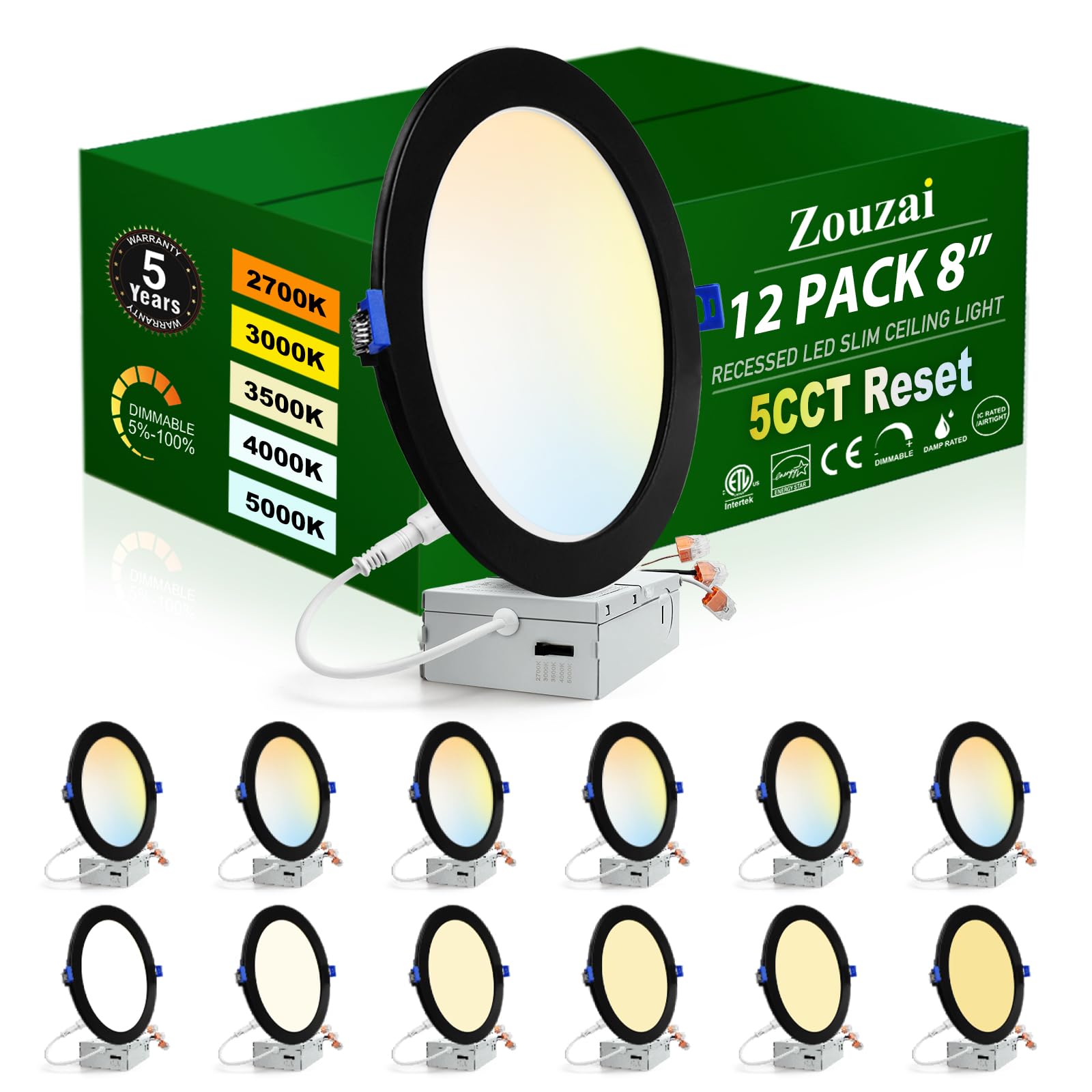 zouzai 12 Pack 8 inch 5CCT Ultra-Thin LED Recessed Ceiling Light with Junction Box, 2700K/3000K/3500K/4000K/5000K Selectable,Dim