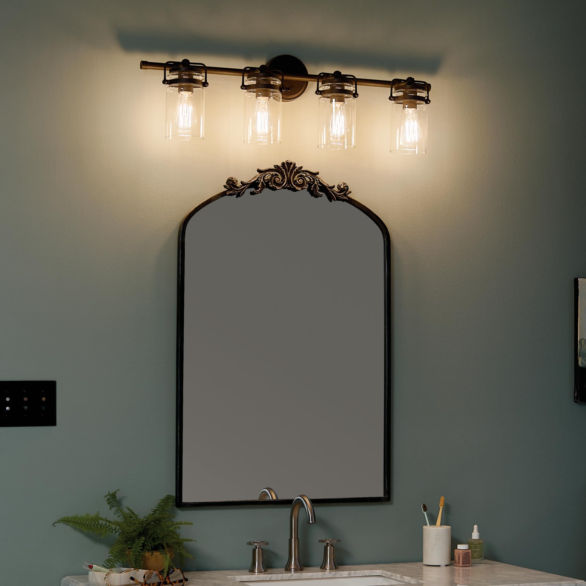 Kichler Brinley 32.25'' Vanity Light In Olde Bronze?, 4-Light Farmhouse Bathroom Light With Clear Glass, (32.25'' W X 10'' H), 4