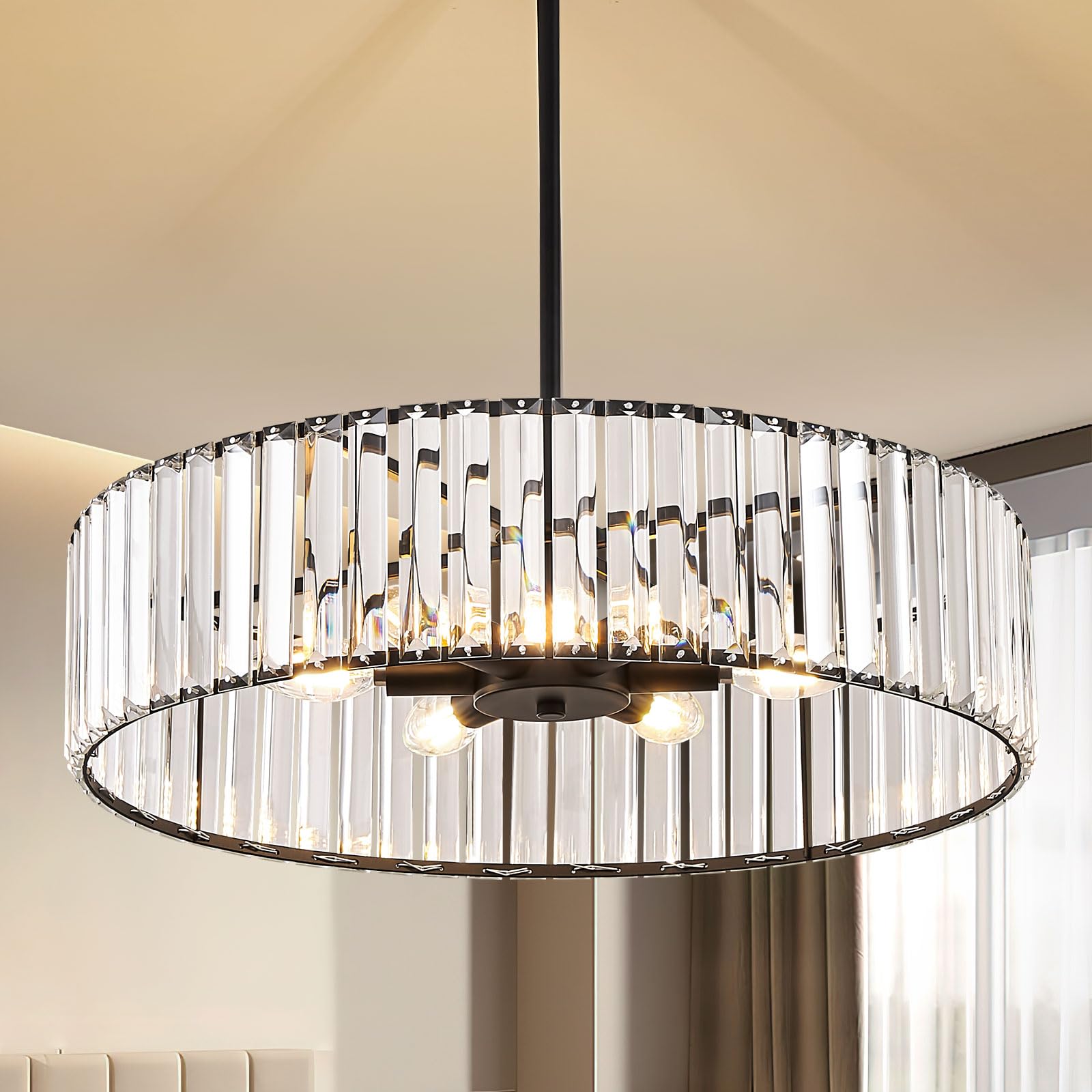 Violoemi Modern Blcak Semi Flush Mount Ceiling Light  Crystal Dining Room Chandelier Light Fixture  6-Light Drum Lighting Fixtures For Foyer Kitchen Living Room Bedroom (19.6 Inch)